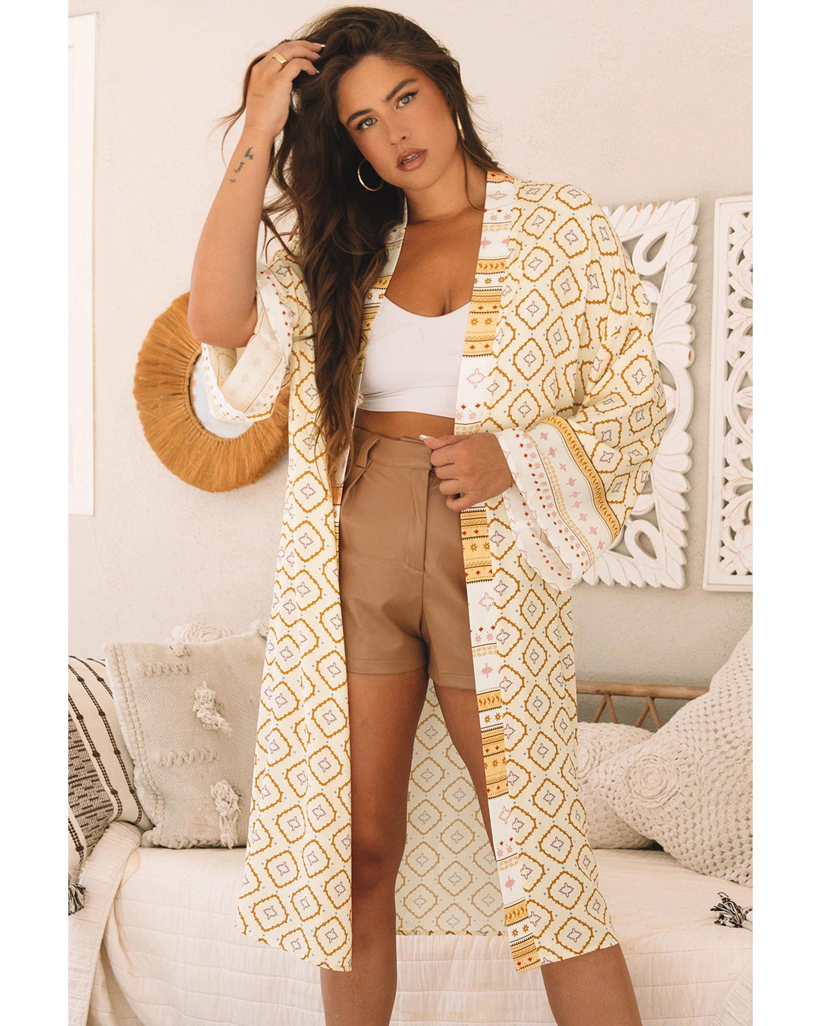 Azura Exchange Yellow Bohemian Geometric Printed Loose Sleeve Long Kimono Women - Foto 24 di 48