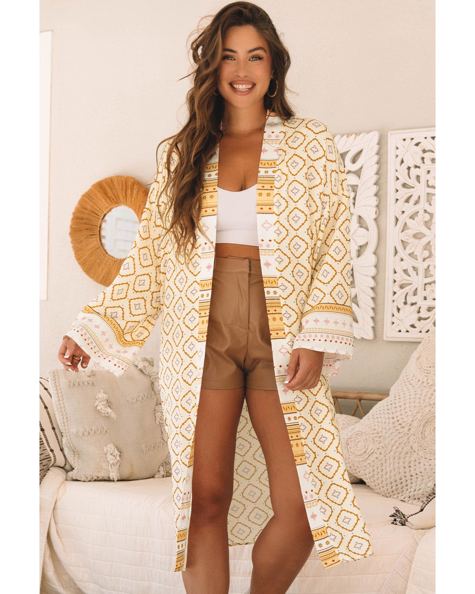 Azura Exchange Yellow Bohemian Geometric Printed Loose Sleeve Long Kimono Women - Foto 15 di 48
