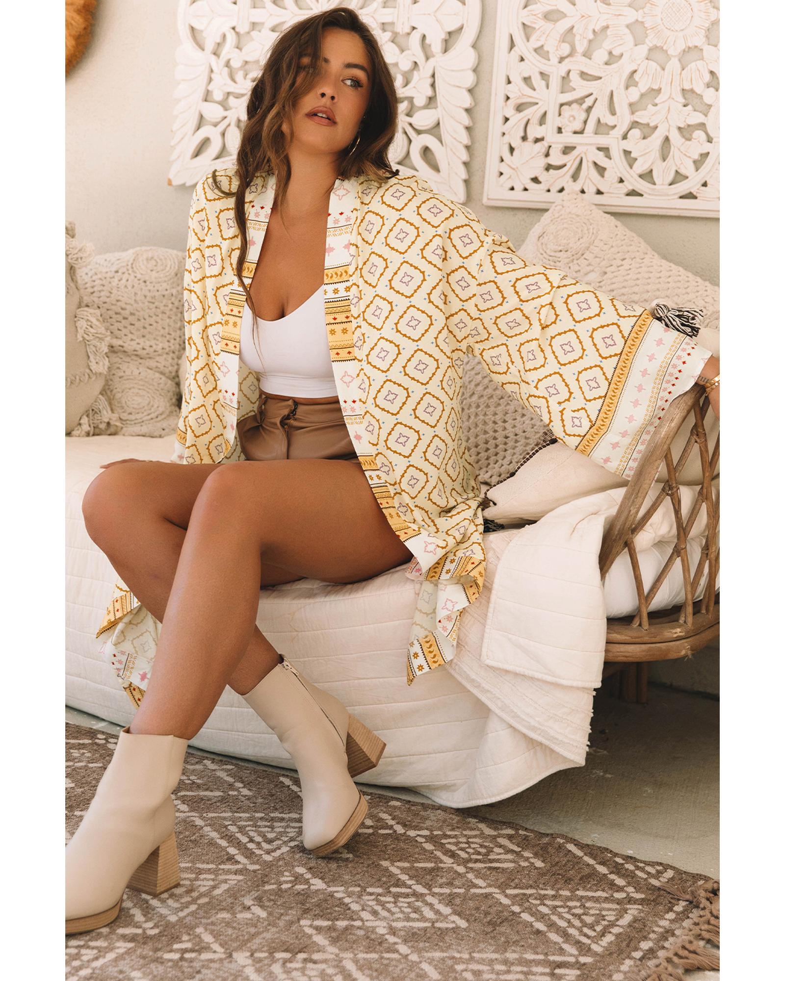 Azura Exchange Yellow Bohemian Geometric Printed Loose Sleeve Long Kimono Women - Foto 21 di 48