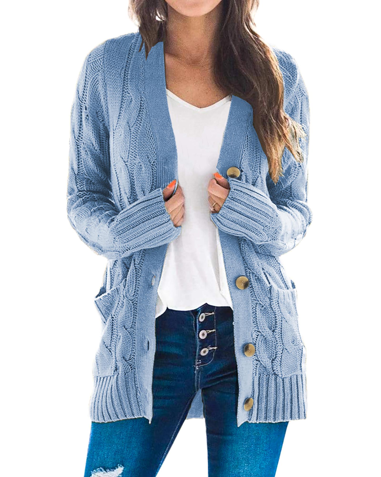 Sky Blue Button Pocket Knit Cardigan  -  Sweaters -Size S