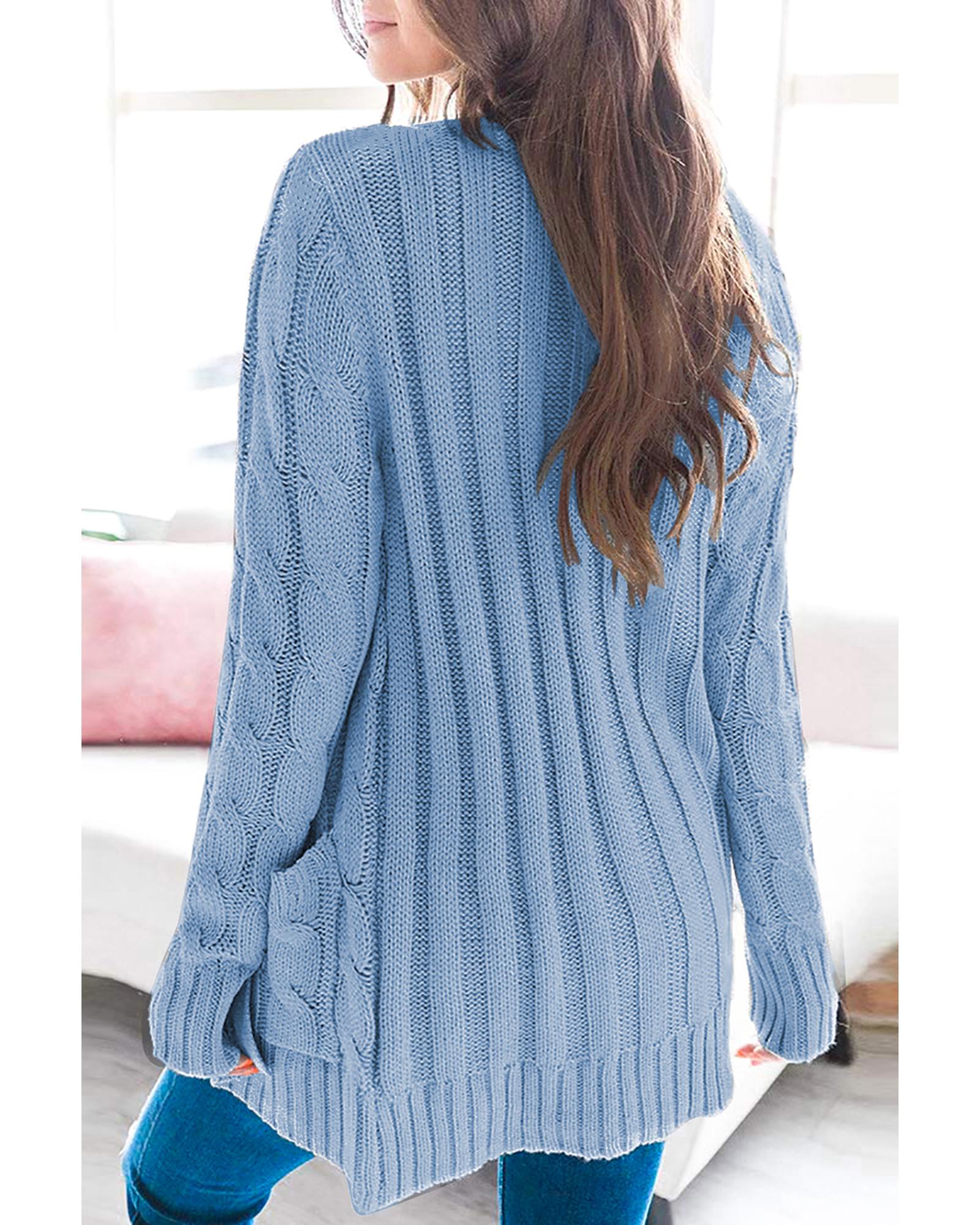 Sky Blue Button Pocket Knit Cardigan  -  Sweaters -Size S