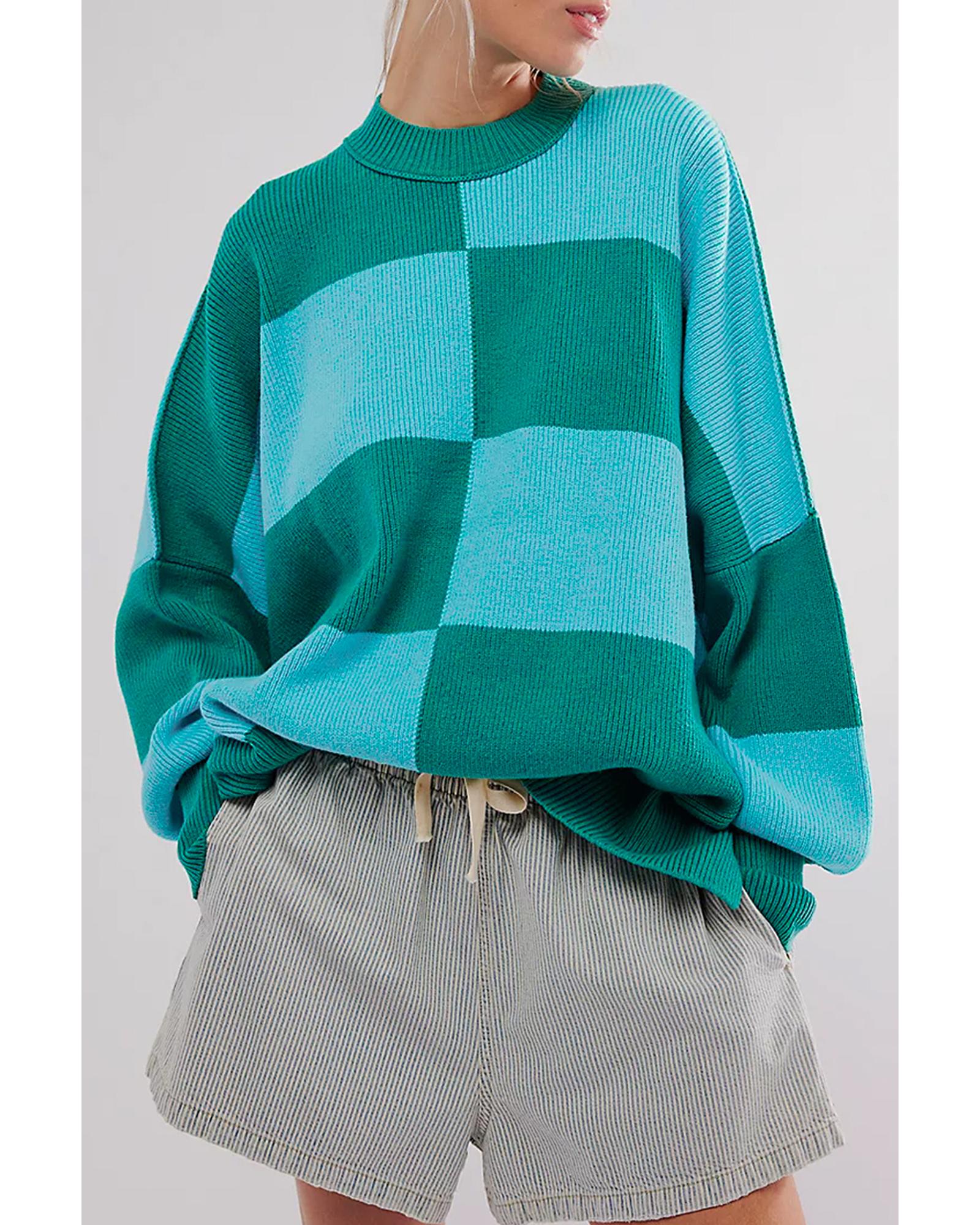 Green Checkered Side Slits Drop Shoulder Oversized Sweater  -  Sweaters -Size M