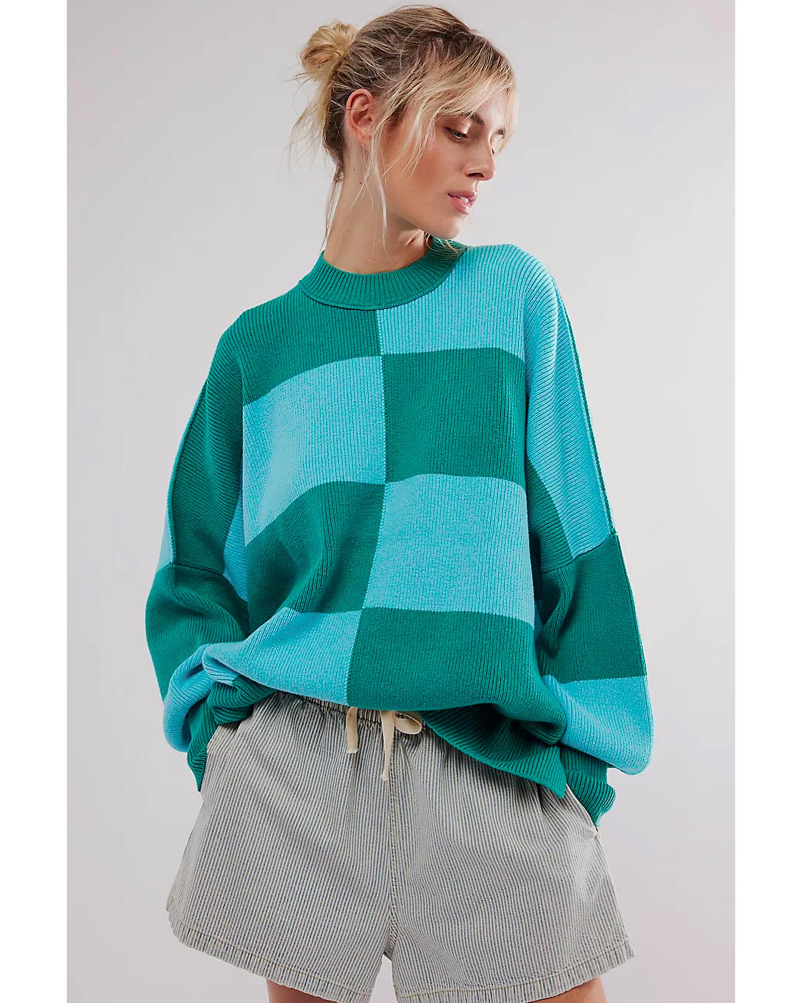 Green Checkered Side Slits Drop Shoulder Oversized Sweater  -  Sweaters -Size M