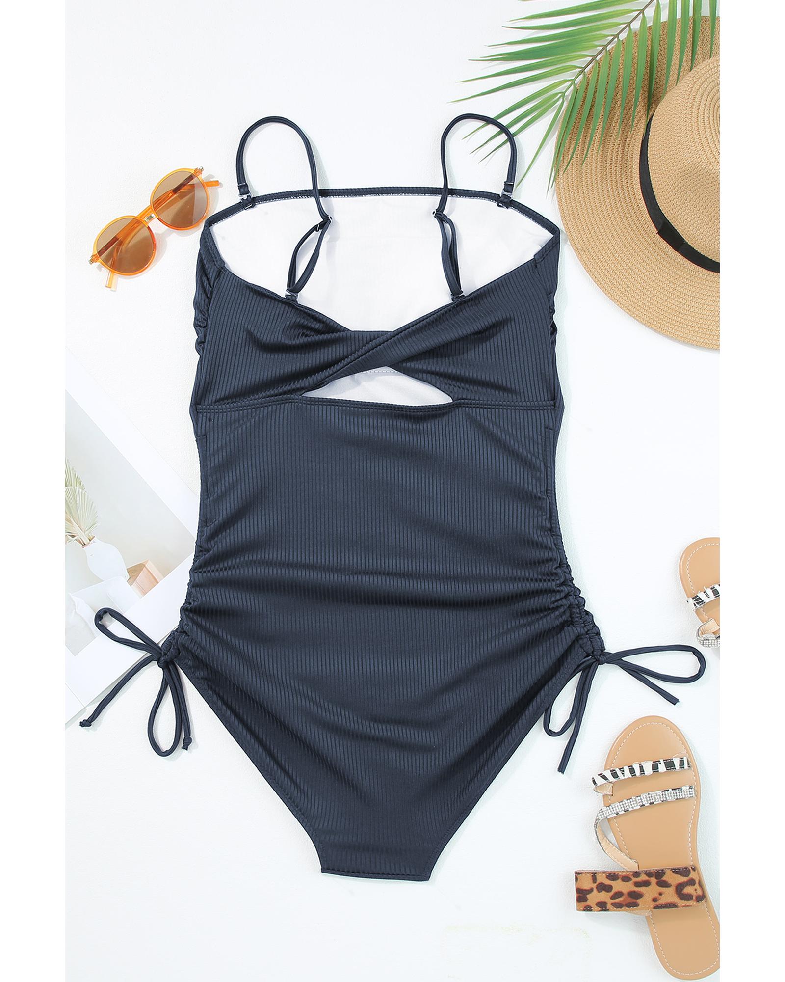 Azura Exchange Navy Blue Ribbed Drawstring Sides Cutout One Piece Swimsuit Women - Picture 27 of 63