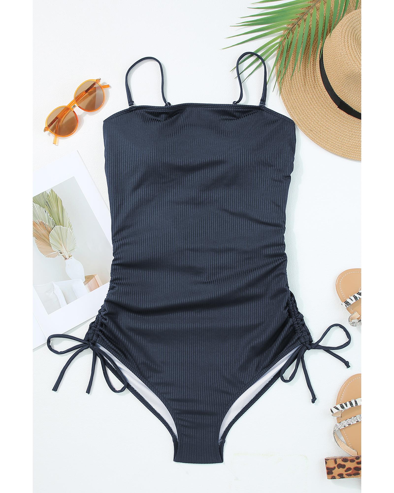 Azura Exchange Navy Blue Ribbed Drawstring Sides Cutout One Piece Swimsuit Women - Picture 32 of 63