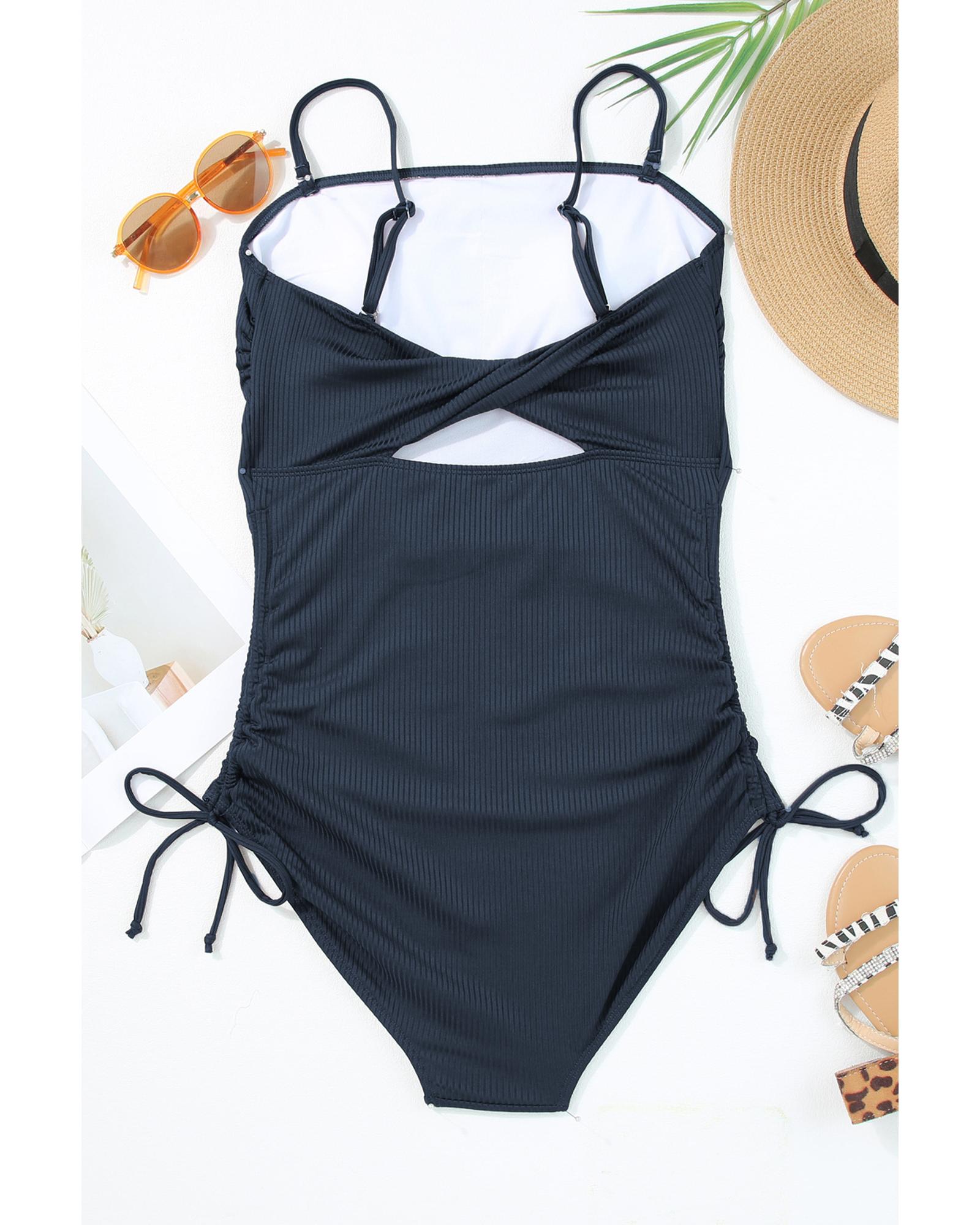 Azura Exchange Navy Blue Ribbed Drawstring Sides Cutout One Piece Swimsuit Women - Picture 51 of 63