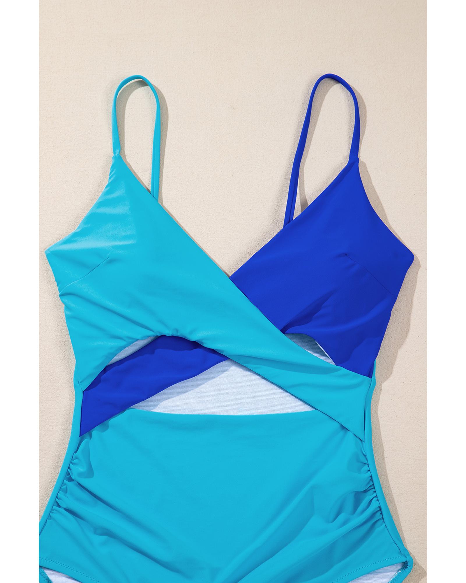 Light Blue Crossover Colorblock Cutout One Piece Swimsuit  -  Swimwear -Size XL