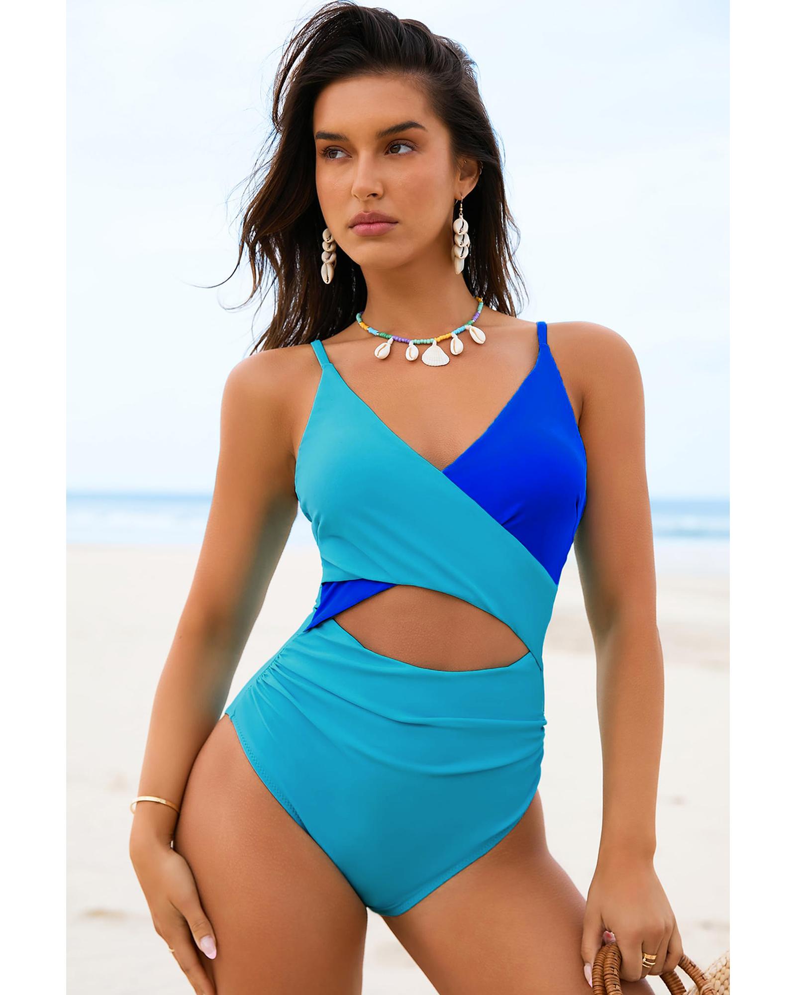 Light Blue Crossover Colorblock Cutout One Piece Swimsuit  -  Swimwear -Size XL