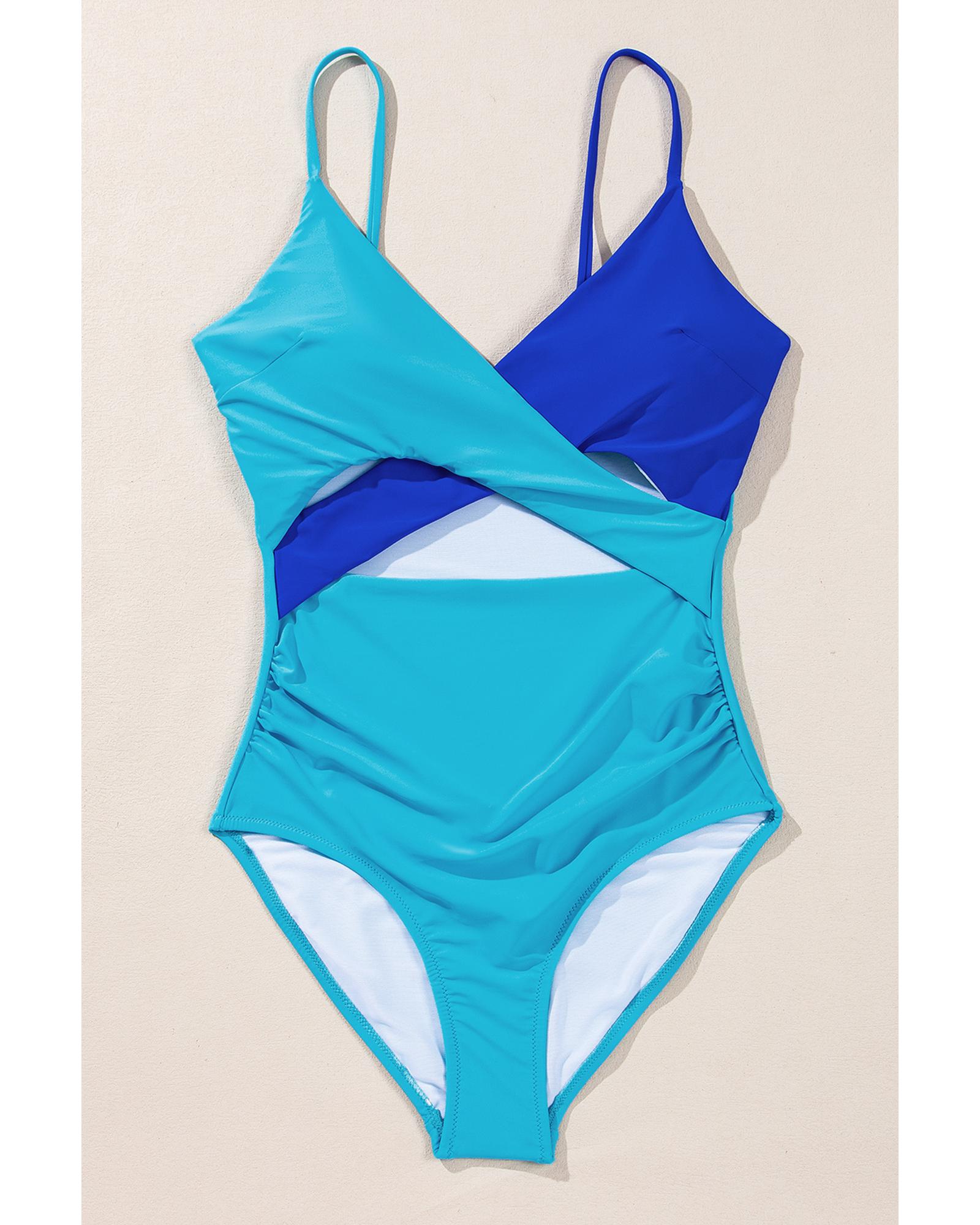 Light Blue Crossover Colorblock Cutout One Piece Swimsuit  -  Swimwear -Size XL