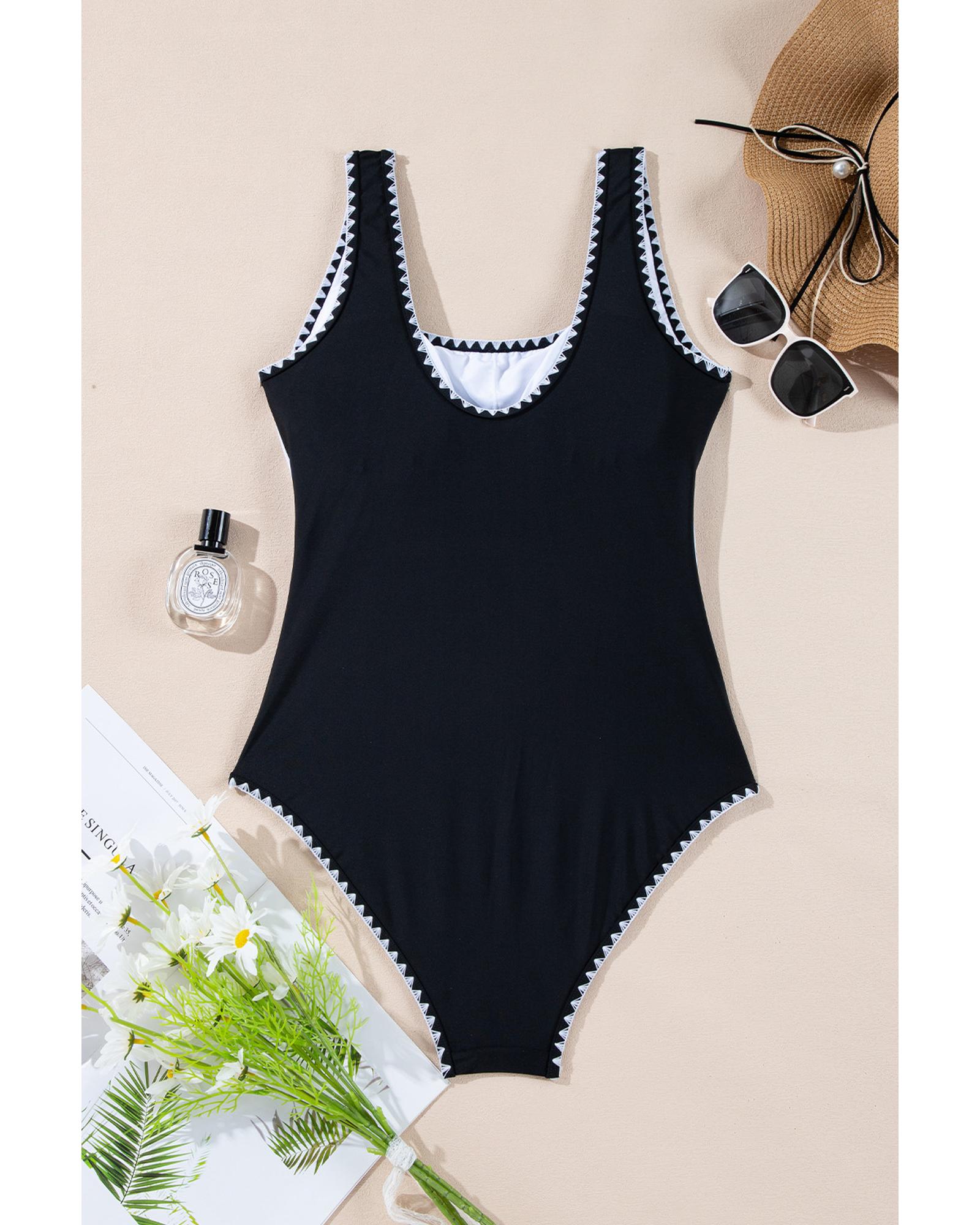 Azura Exchange Black Color Block Ric Rac Trim U Neck One Piece Swimsuit Women - Afbeelding 28 van 48