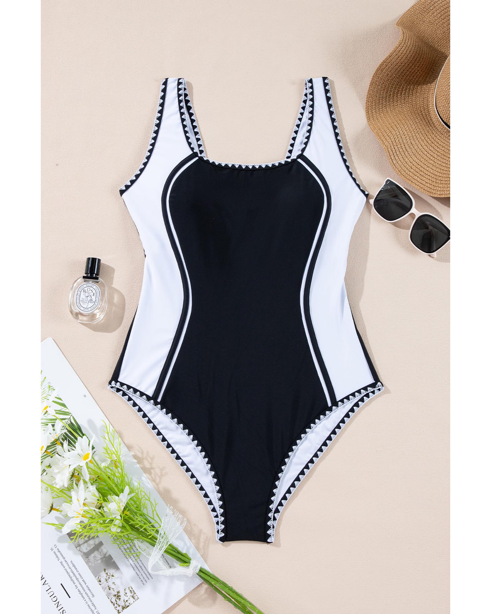 Azura Exchange Black Color Block Ric Rac Trim U Neck One Piece Swimsuit Women - Afbeelding 14 van 48