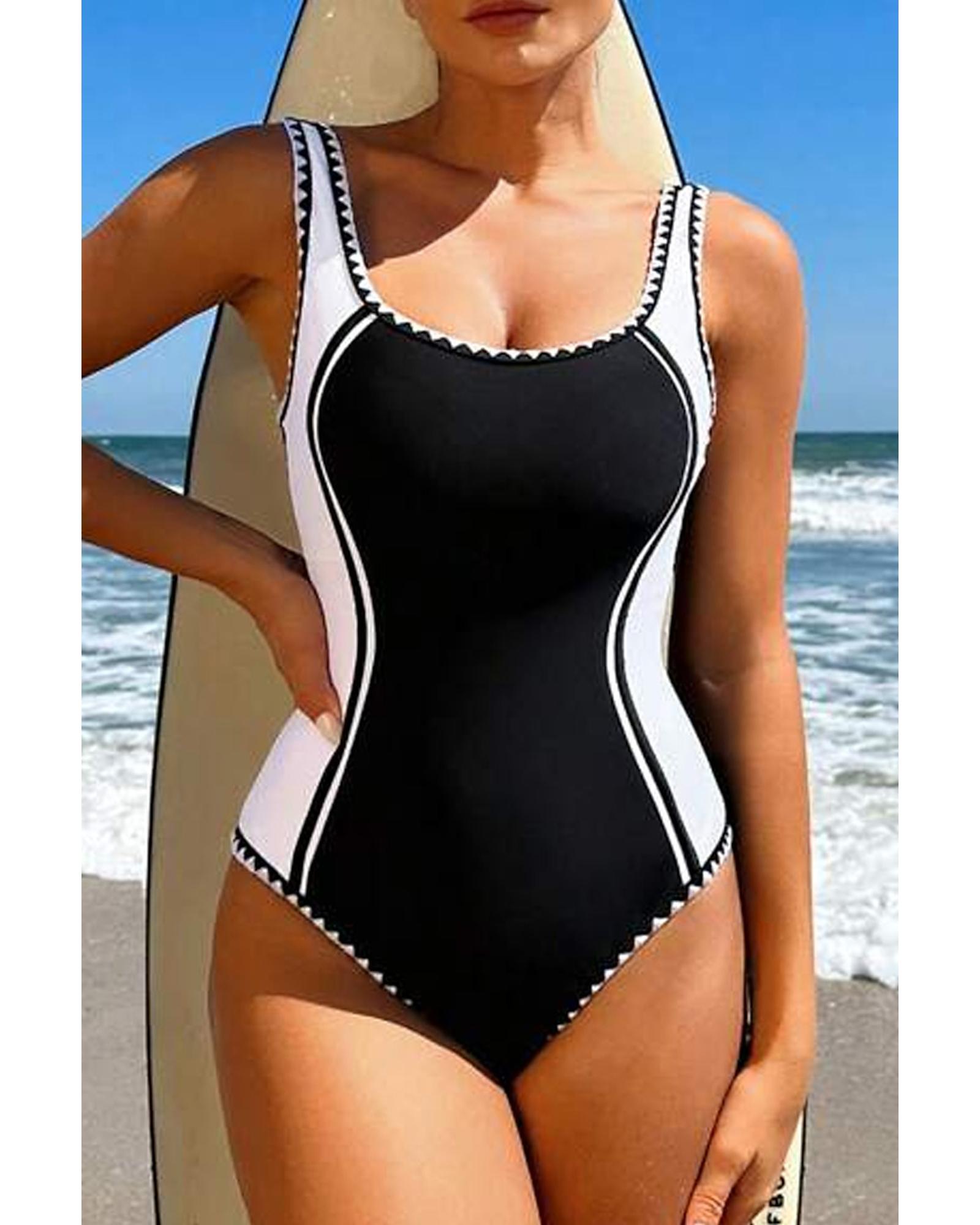 Azura Exchange Black Color Block Ric Rac Trim U Neck One Piece Swimsuit Women - Afbeelding 15 van 48