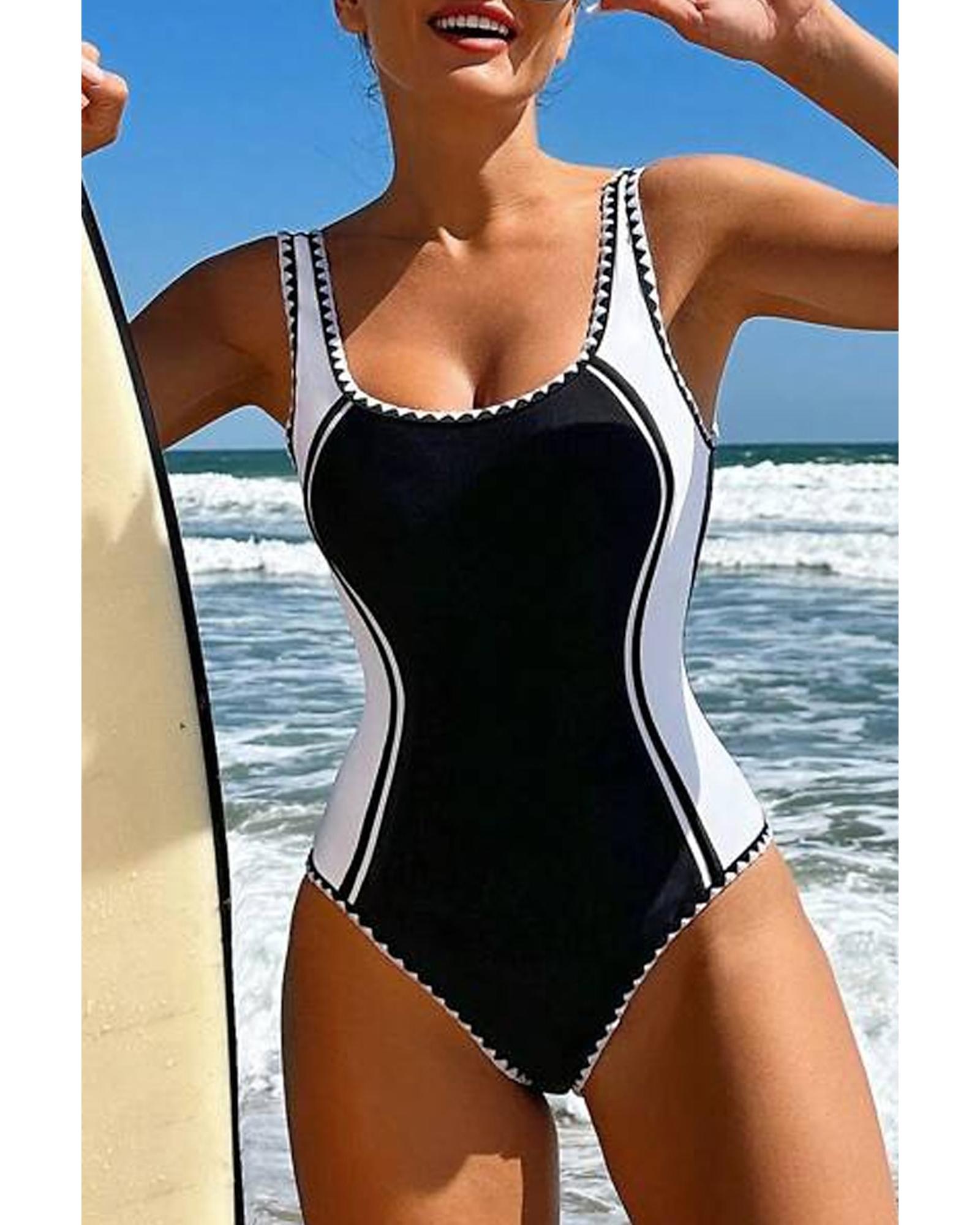 Azura Exchange Black Color Block Ric Rac Trim U Neck One Piece Swimsuit Women - Afbeelding 17 van 48