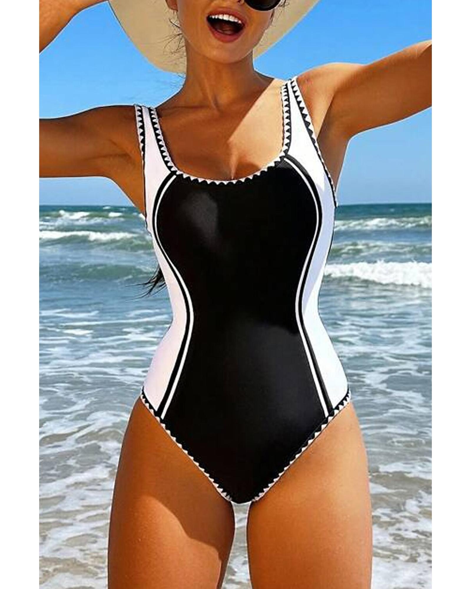 Azura Exchange Black Color Block Ric Rac Trim U Neck One Piece Swimsuit Women - Afbeelding 19 van 48