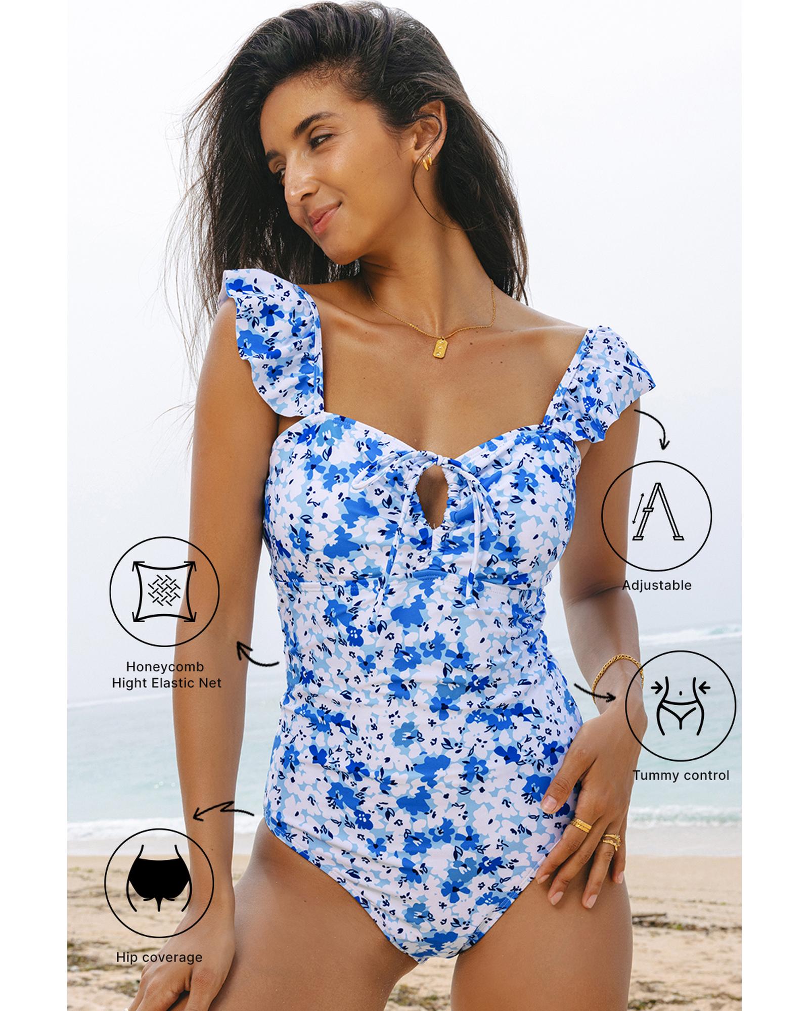 Azura Exchange Blue Floral Ruffled Strap Lace-up Hollow Out One Piece Swimsuit - Picture 29 of 51