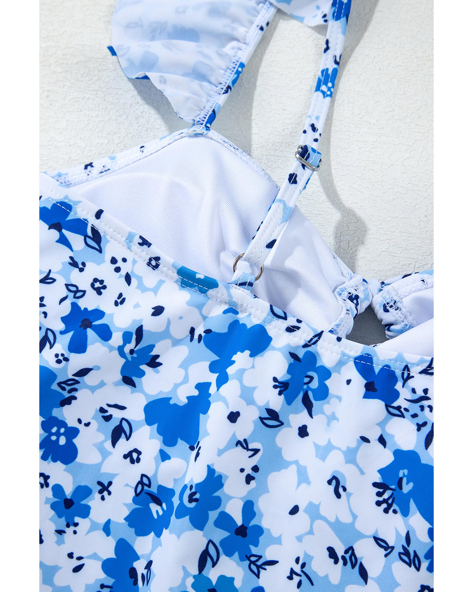 Azura Exchange Blue Floral Ruffled Strap Lace-up Hollow Out One Piece Swimsuit - Picture 30 of 51