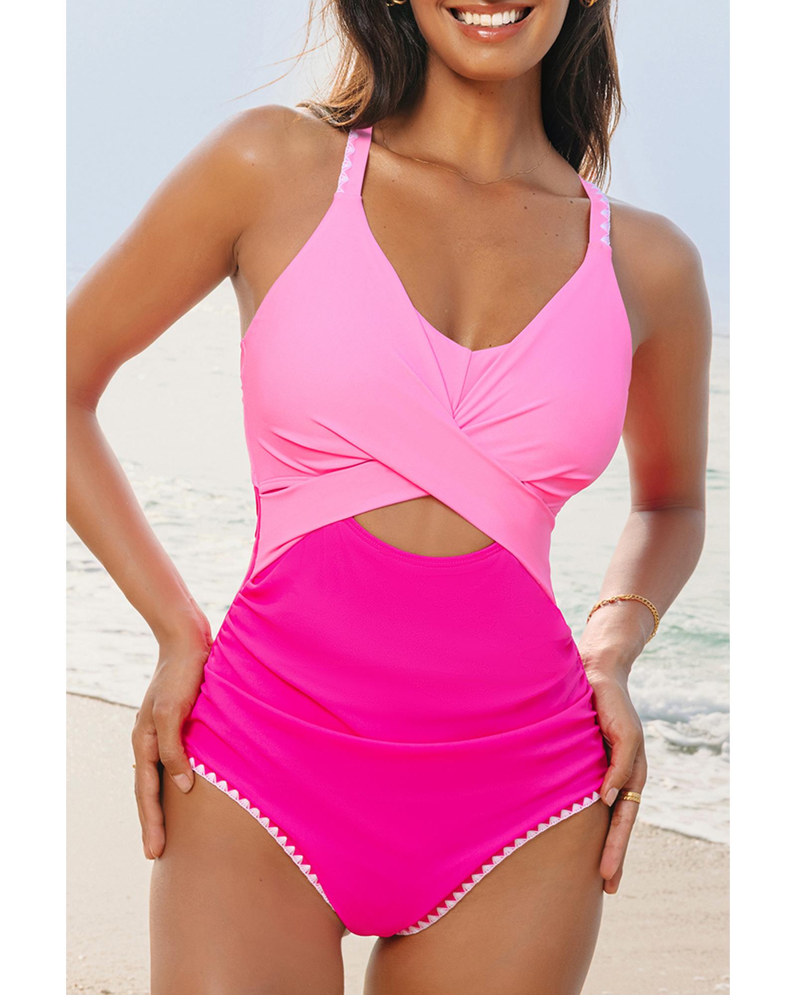 Azura Exchange Rose Red Ric Rac Trim Contrasted Patchwork Cutout One Piece - Bild 29 von 48