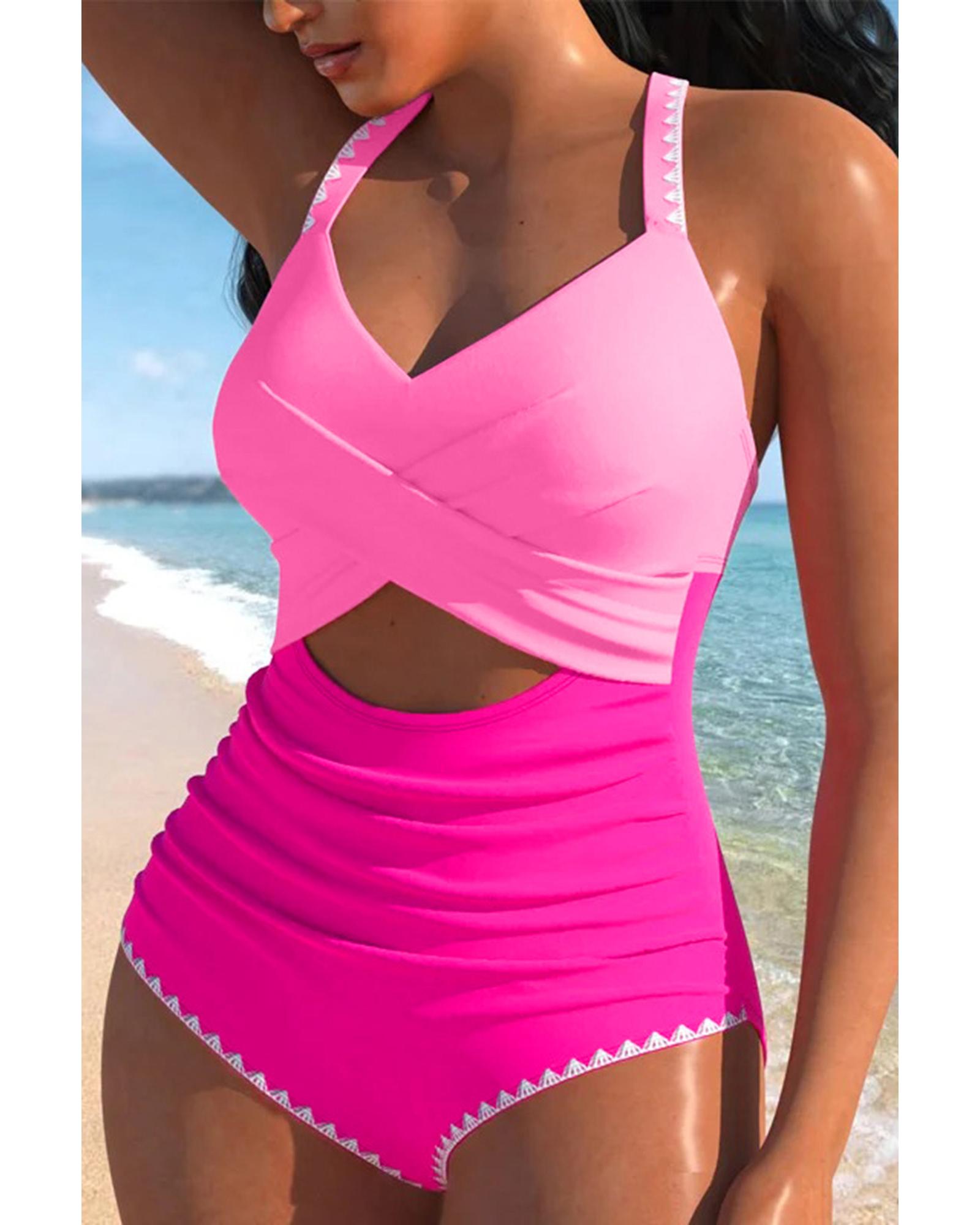 Azura Exchange Rose Red Ric Rac Trim Contrasted Patchwork Cutout One Piece - Bild 23 von 48