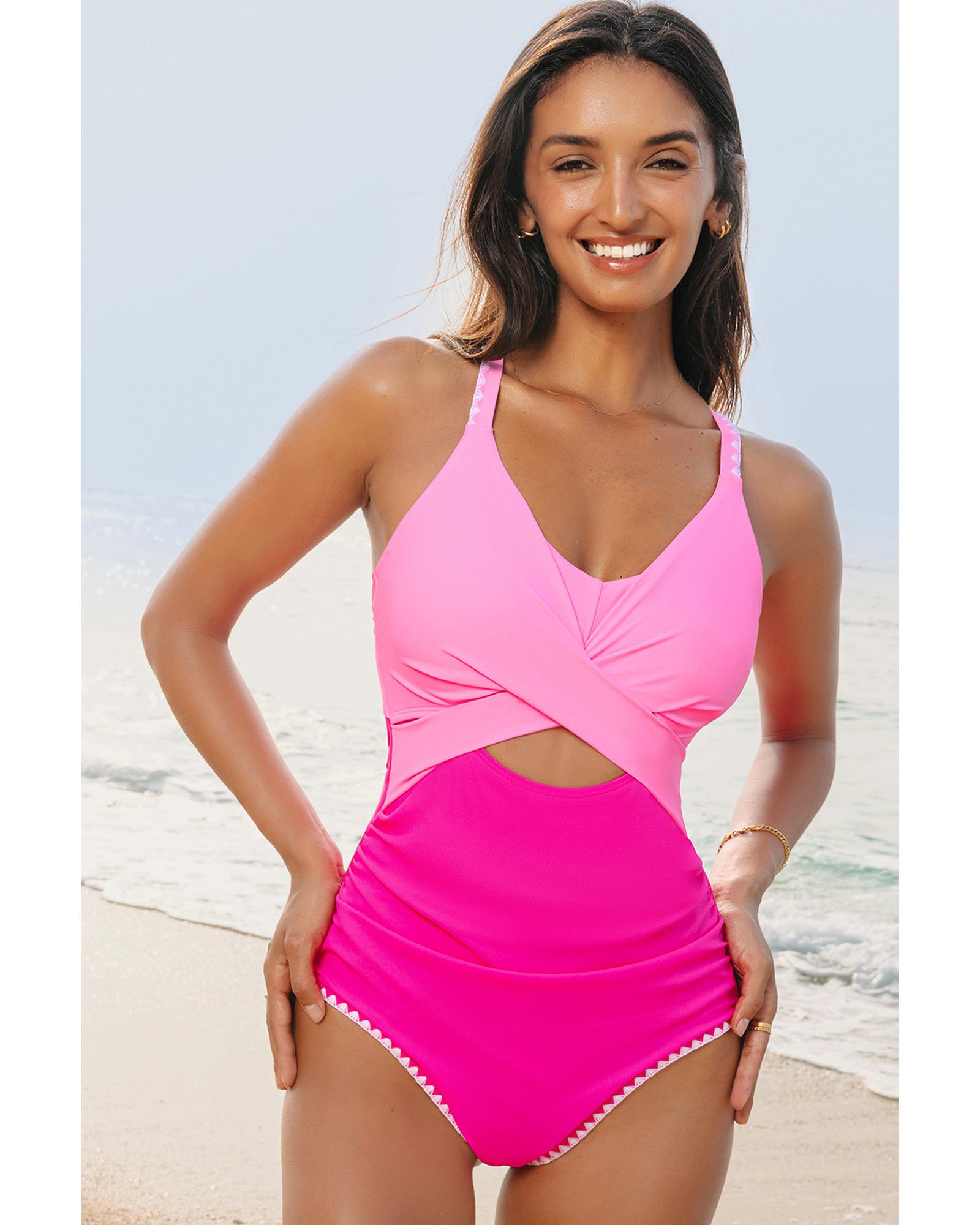 Azura Exchange Rose Red Ric Rac Trim Contrasted Patchwork Cutout One Piece - Bild 24 von 48