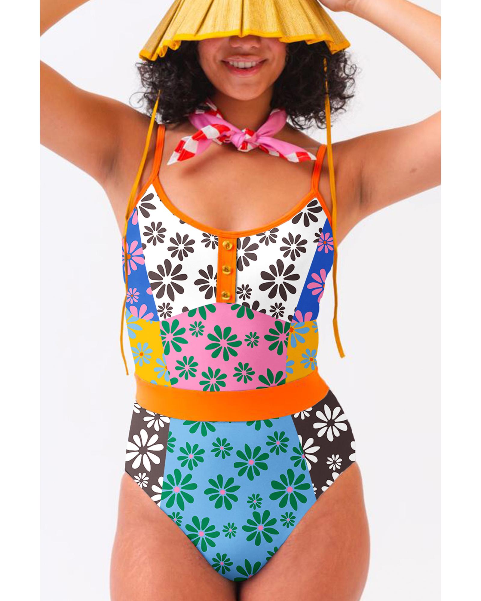 Azura Exchange Orange Floral Colorblock Buttoned Decor Front Spaghetti Straps - Picture 52 of 63