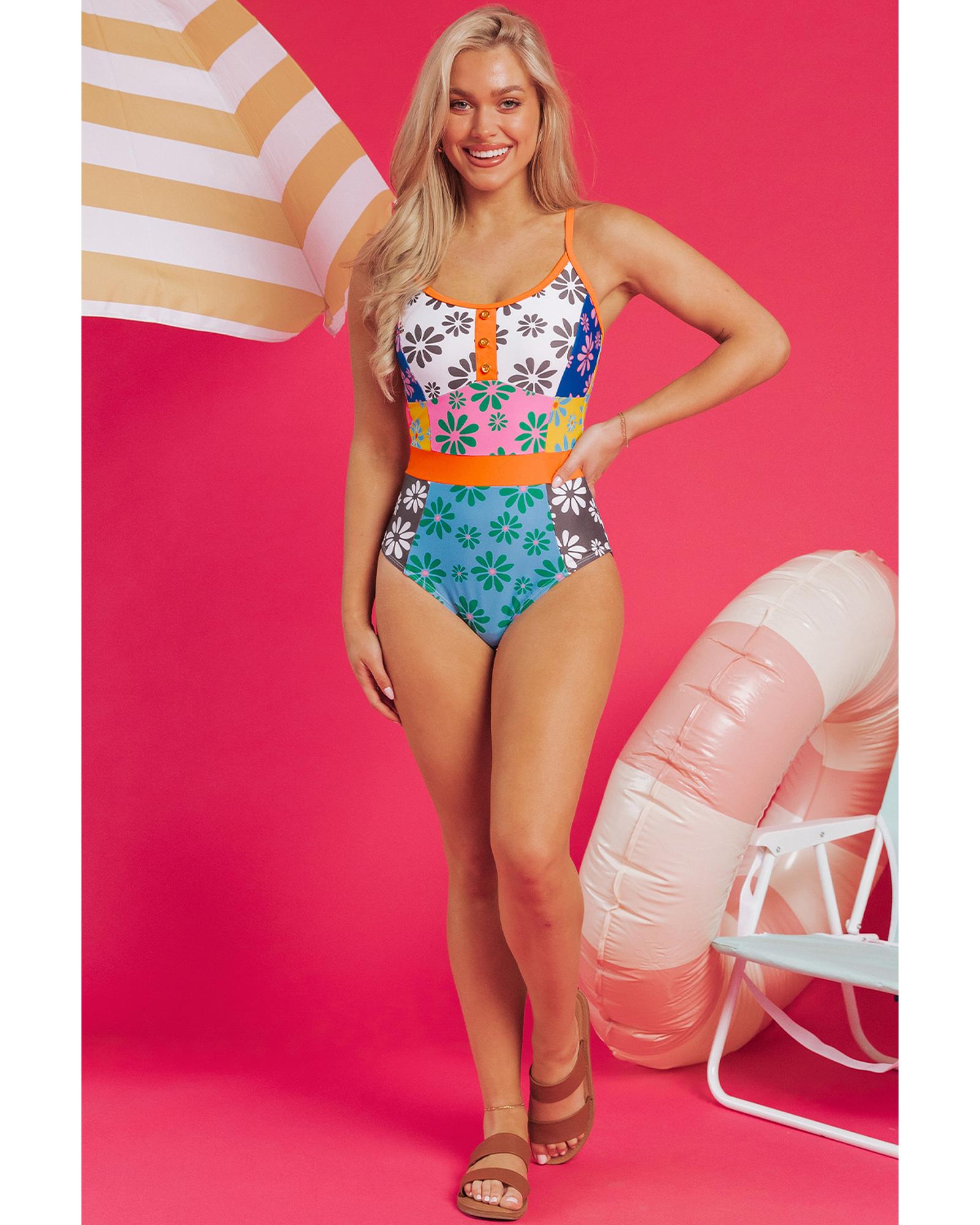 Azura Exchange Orange Floral Colorblock Buttoned Decor Front Spaghetti Straps - Picture 53 of 63