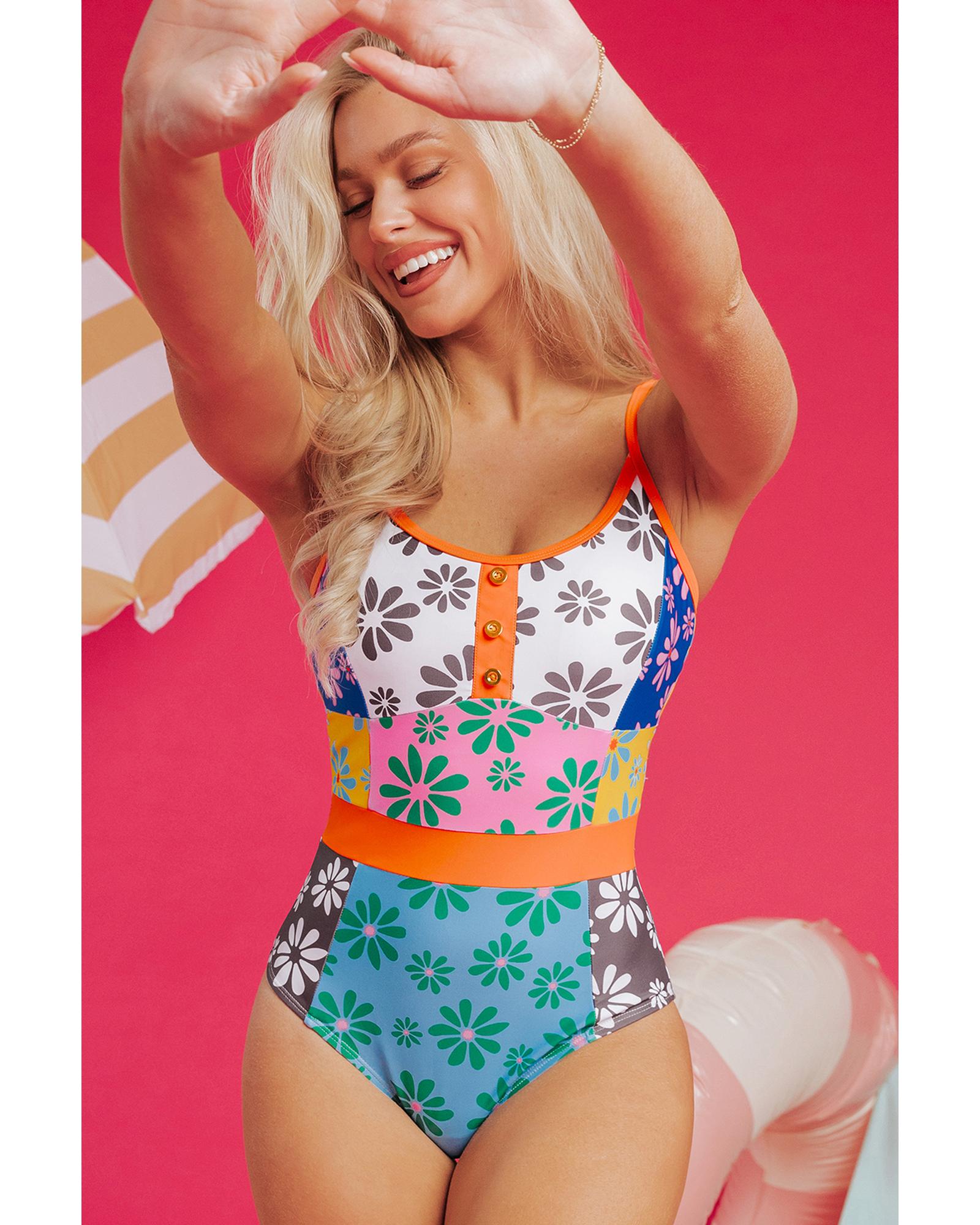 Azura Exchange Orange Floral Colorblock Buttoned Decor Front Spaghetti Straps - Picture 55 of 63
