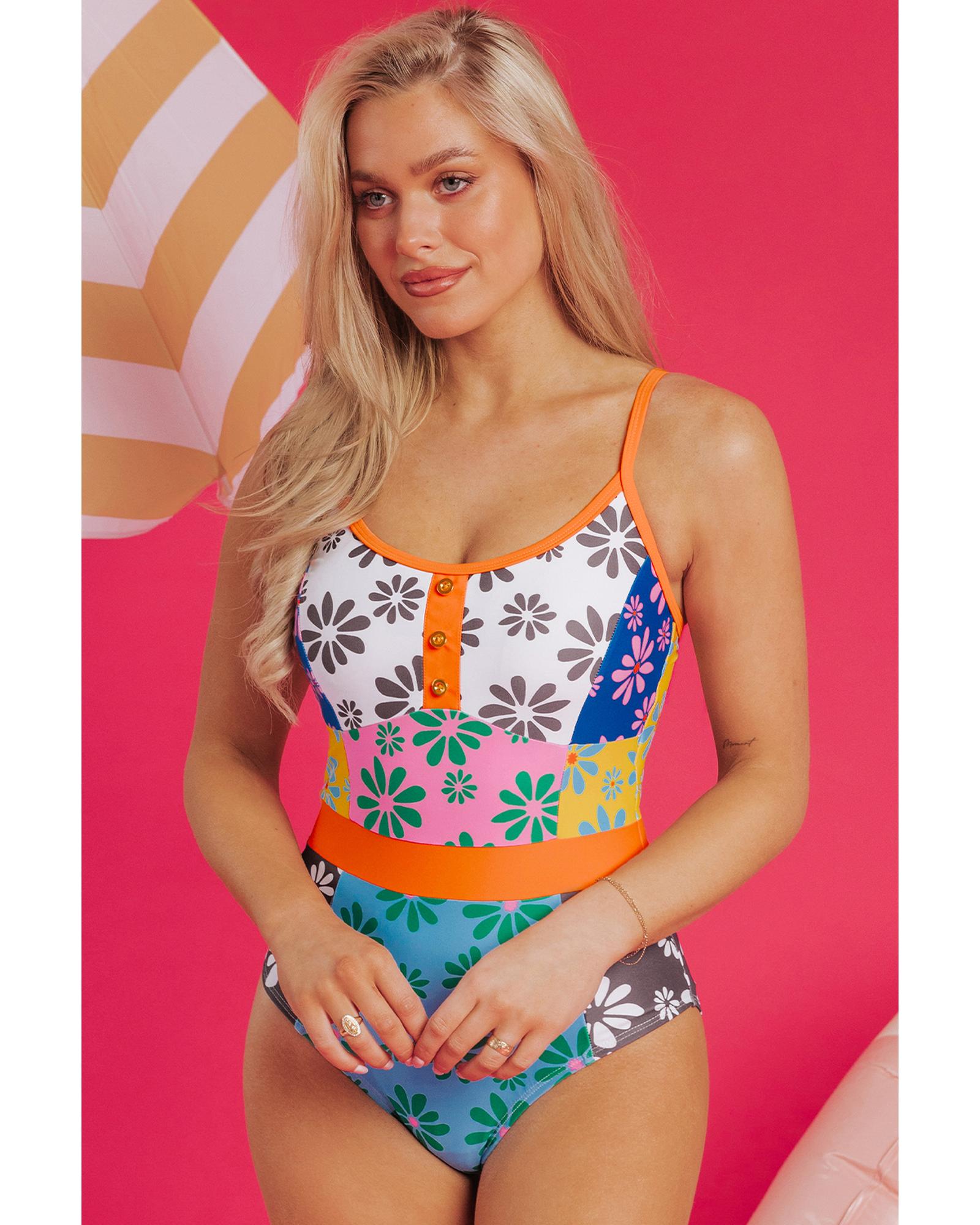 Azura Exchange Orange Floral Colorblock Buttoned Decor Front Spaghetti Straps - Picture 57 of 63