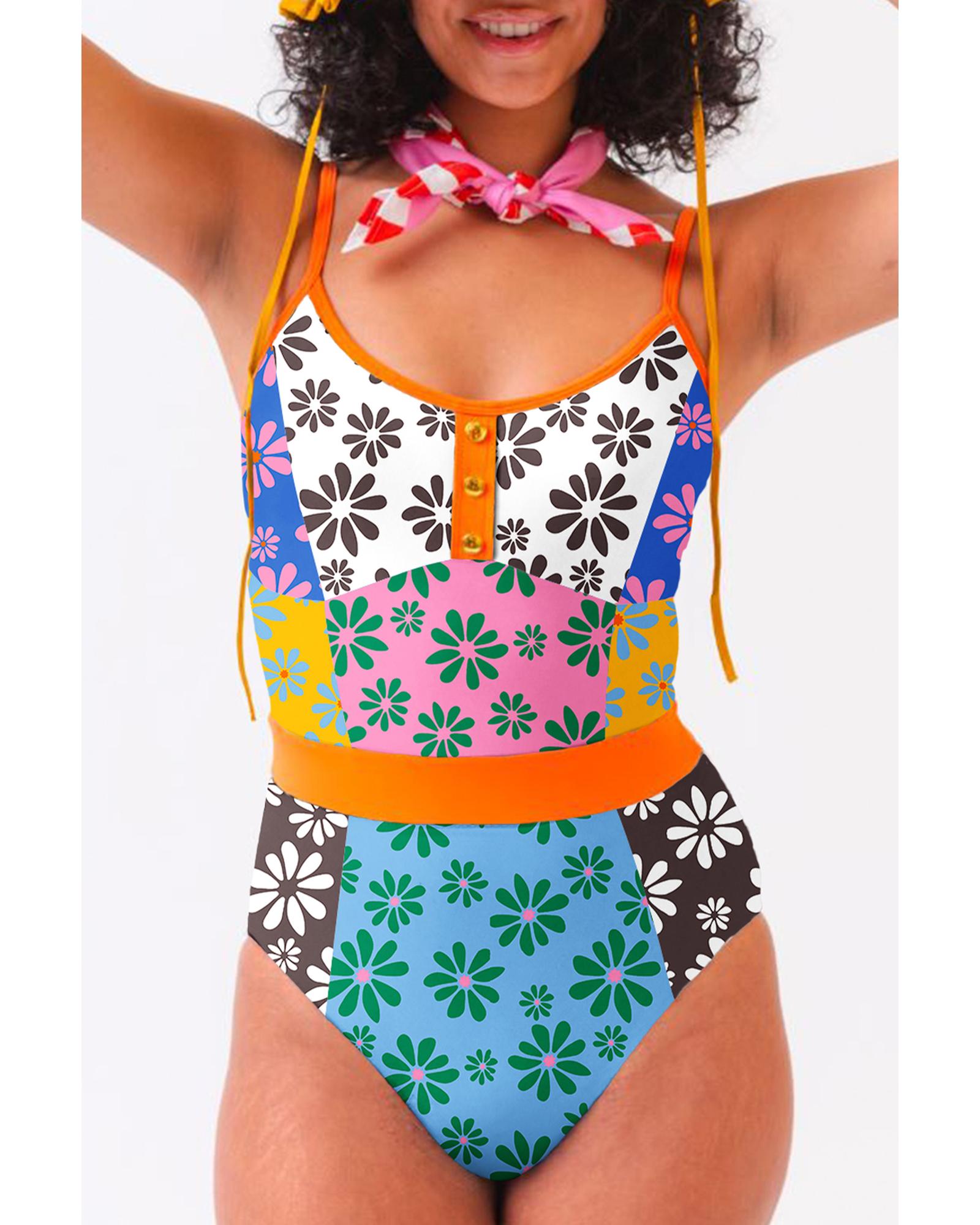 Azura Exchange Orange Floral Colorblock Buttoned Decor Front Spaghetti Straps - Picture 58 of 63