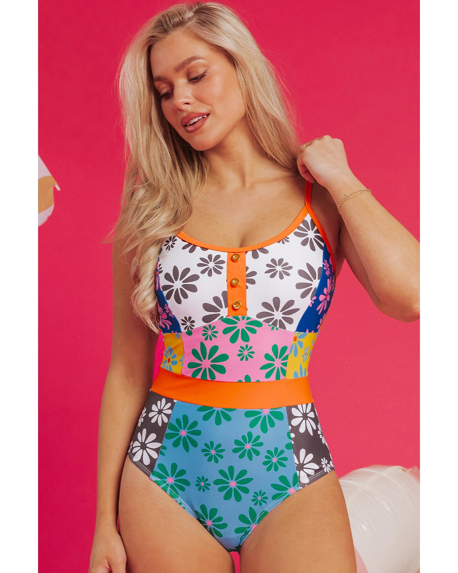 Azura Exchange Orange Floral Colorblock Buttoned Decor Front Spaghetti Straps - Picture 60 of 63