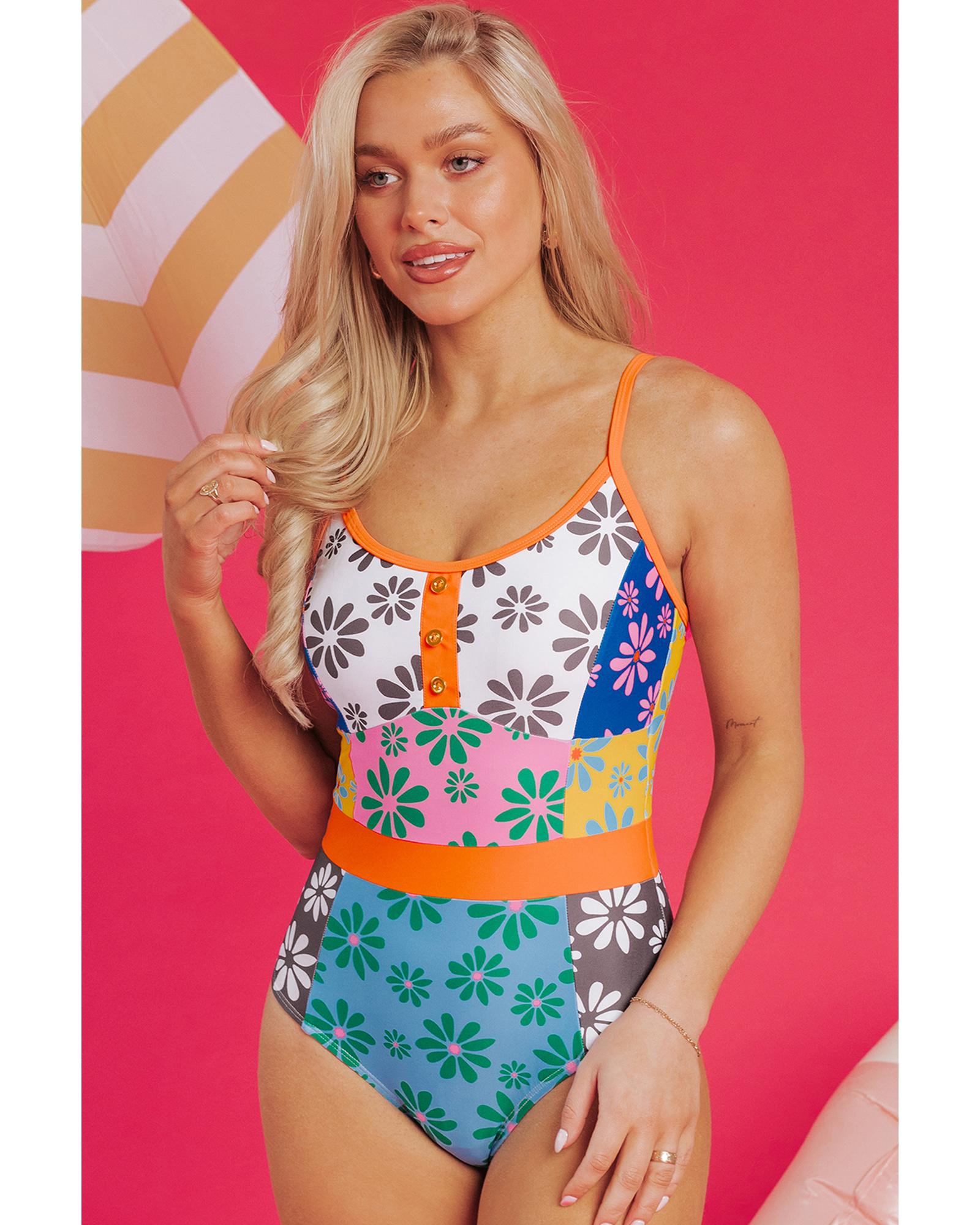 Azura Exchange Orange Floral Colorblock Buttoned Decor Front Spaghetti Straps - Picture 35 of 63
