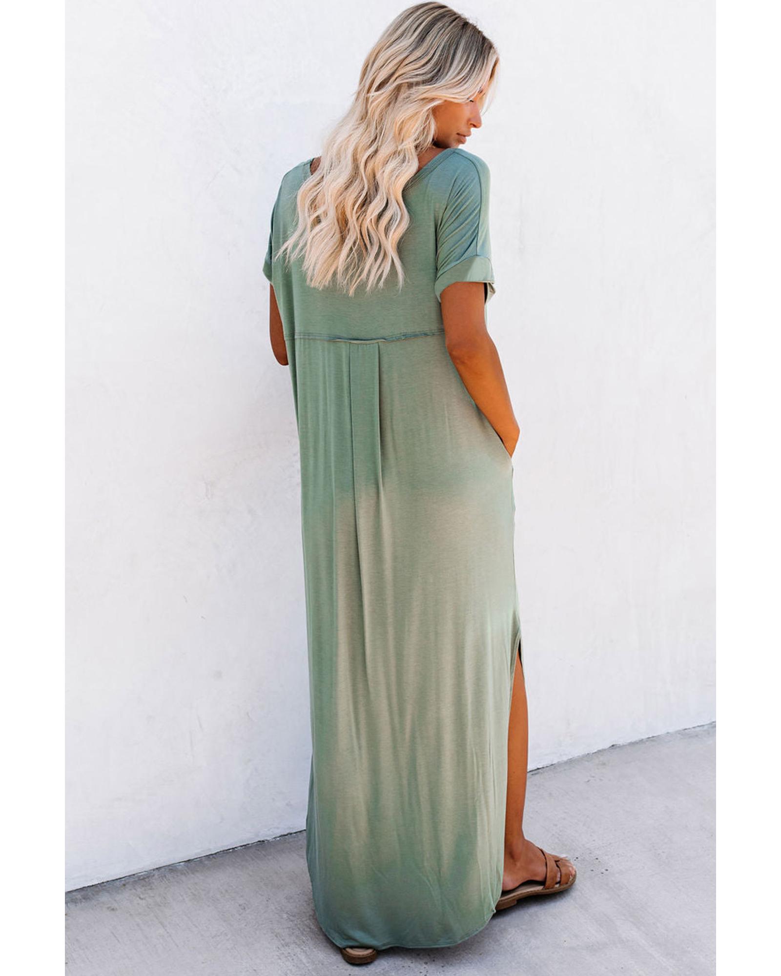 【Coach】肌触り抜群♪New York T Shirt Dress Azura Exchange Grass Green V Neck Hidden Pocket Splits Maxi