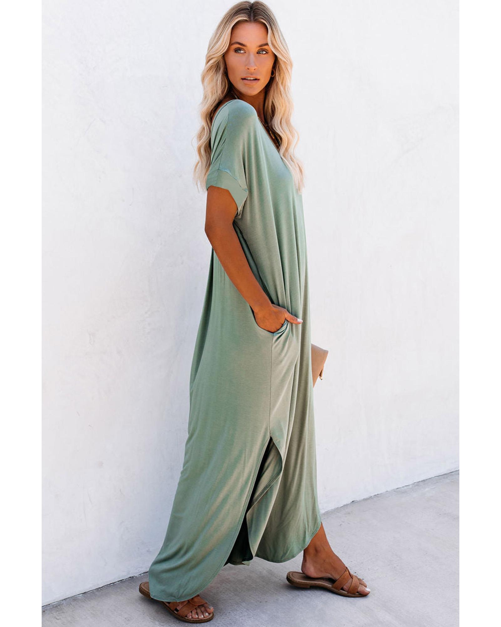 natsu　DEFORMATION DOCKING DRESS Azura Exchange Grass Green V Neck Hidden Pocket Splits Maxi