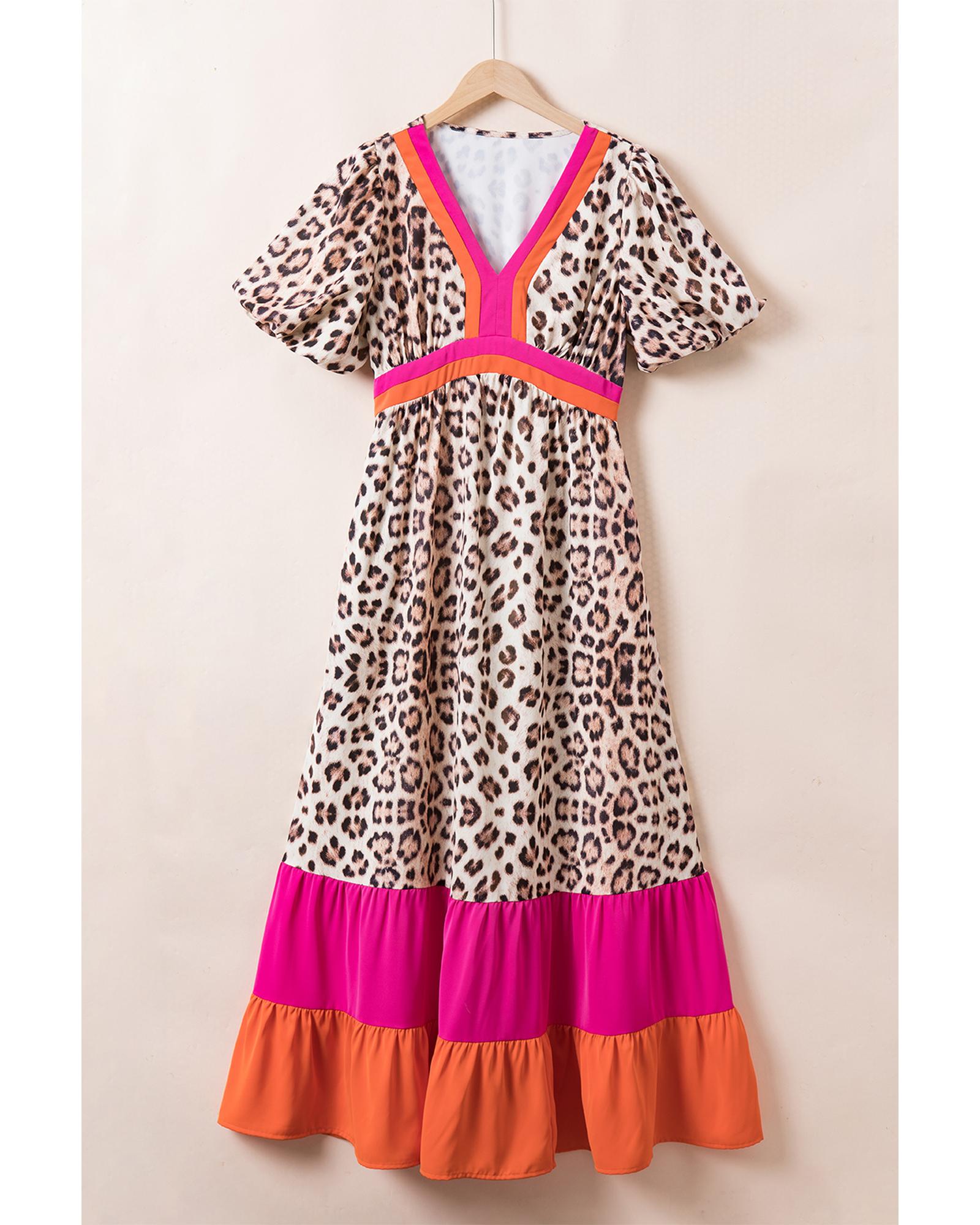 Azura Exchange Bright Pink Leopard Colorblock Patchwork Bubble Sleeve Maxi Dress - Picture 23 of 44