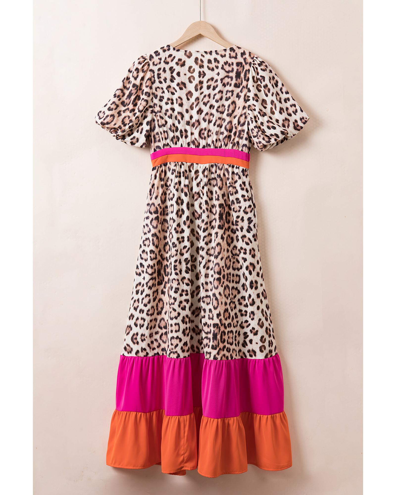 Azura Exchange Bright Pink Leopard Colorblock Patchwork Bubble Sleeve Maxi Dress - Picture 24 of 44