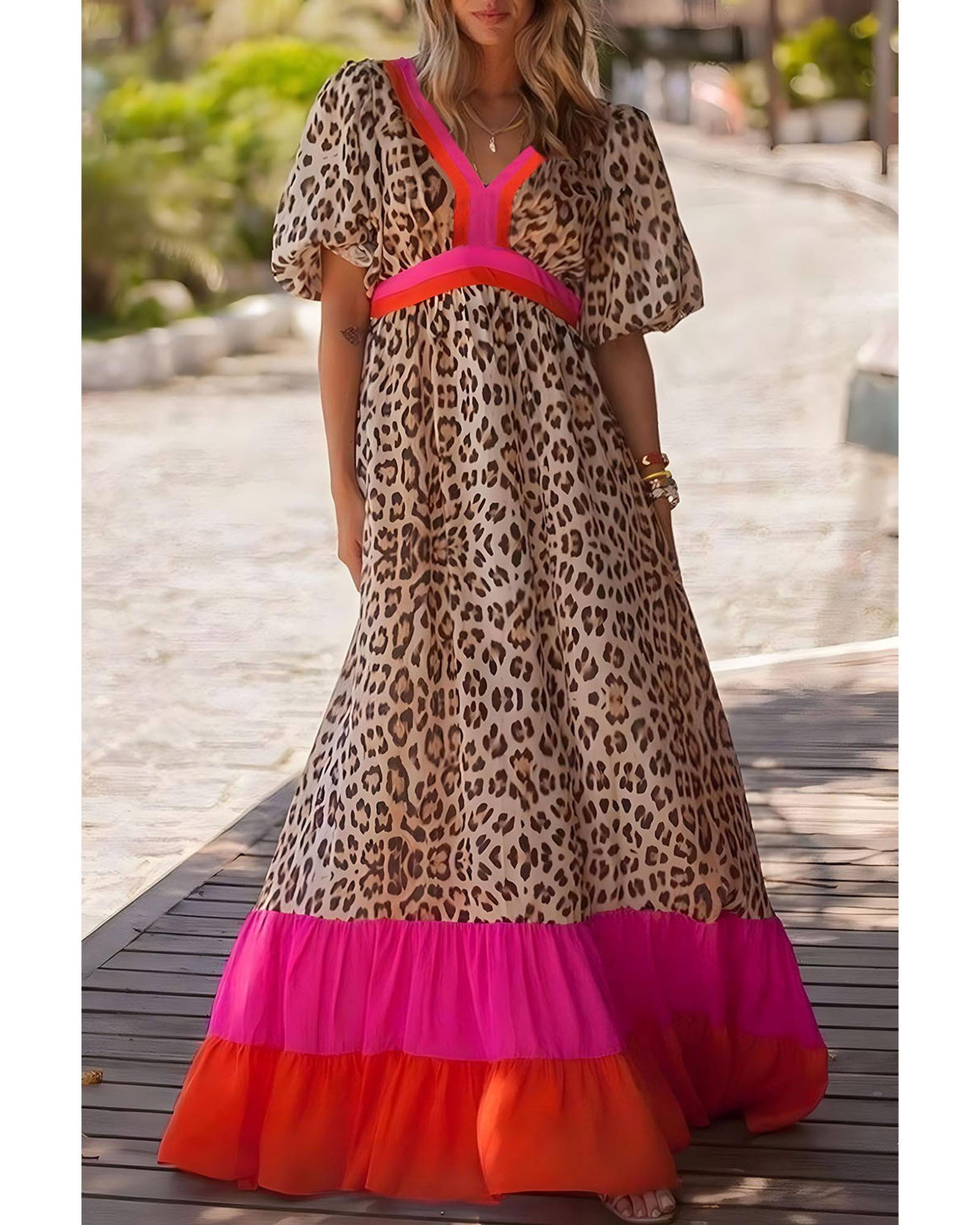 Azura Exchange Bright Pink Leopard Colorblock Patchwork Bubble Sleeve Maxi Dress - Picture 13 of 44