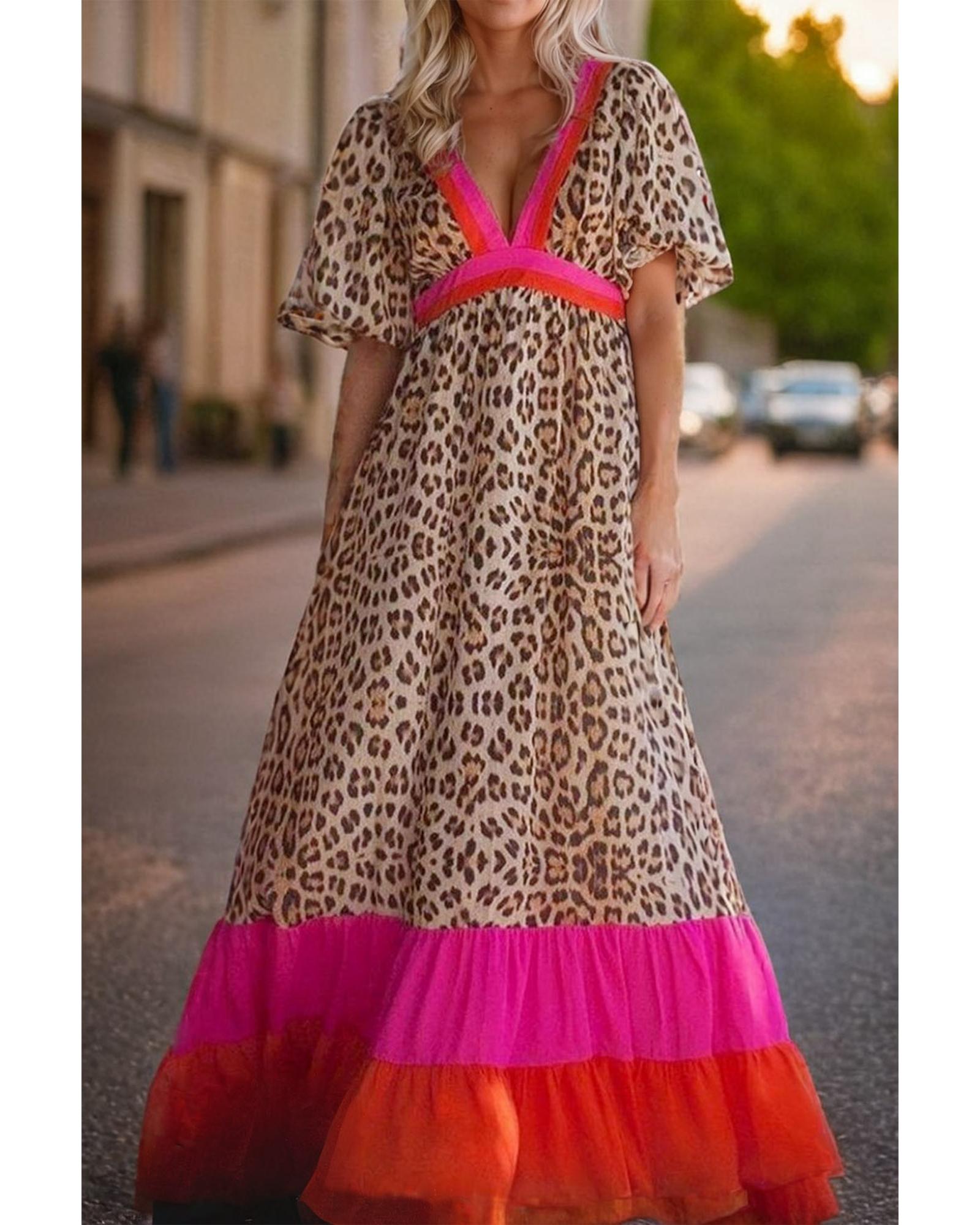 Azura Exchange Bright Pink Leopard Colorblock Patchwork Bubble Sleeve Maxi Dress - Picture 14 of 44