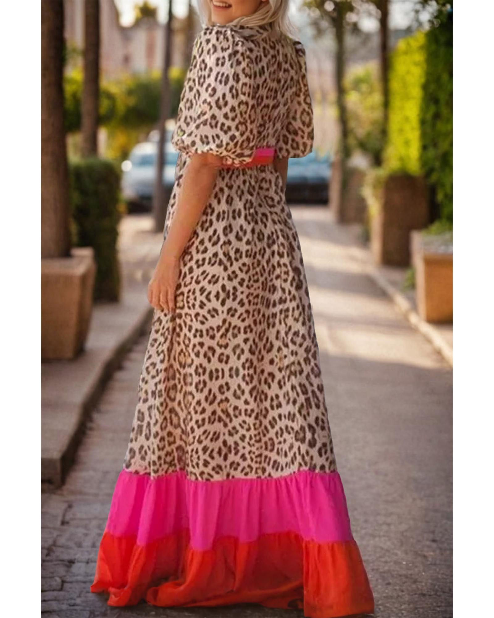 Azura Exchange Bright Pink Leopard Colorblock Patchwork Bubble Sleeve Maxi Dress - Picture 15 of 44