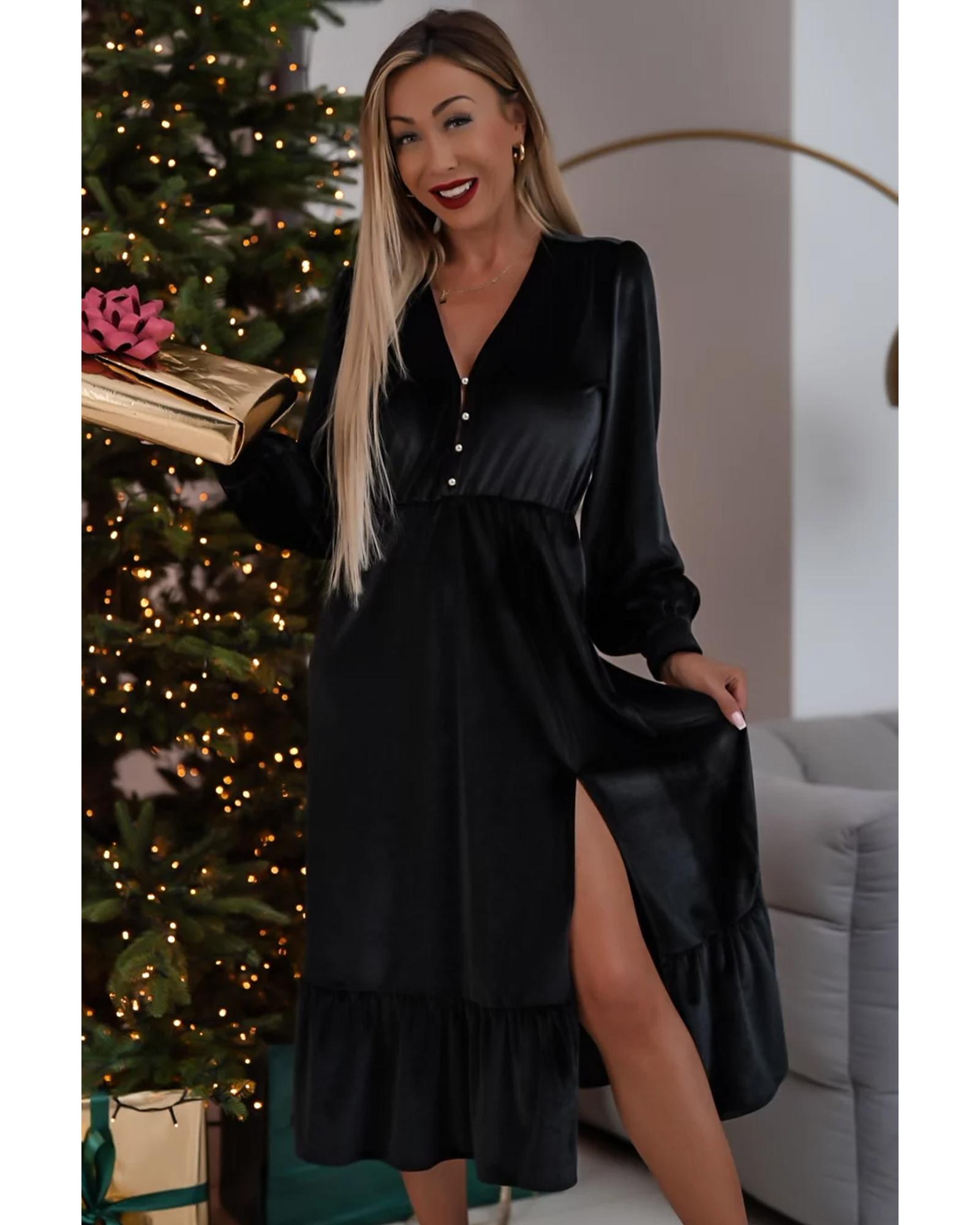 Azura Exchange Black Velvet Buttoned Puff Sleeve V Neck Split Midi Dress Women - Picture 34 of 48