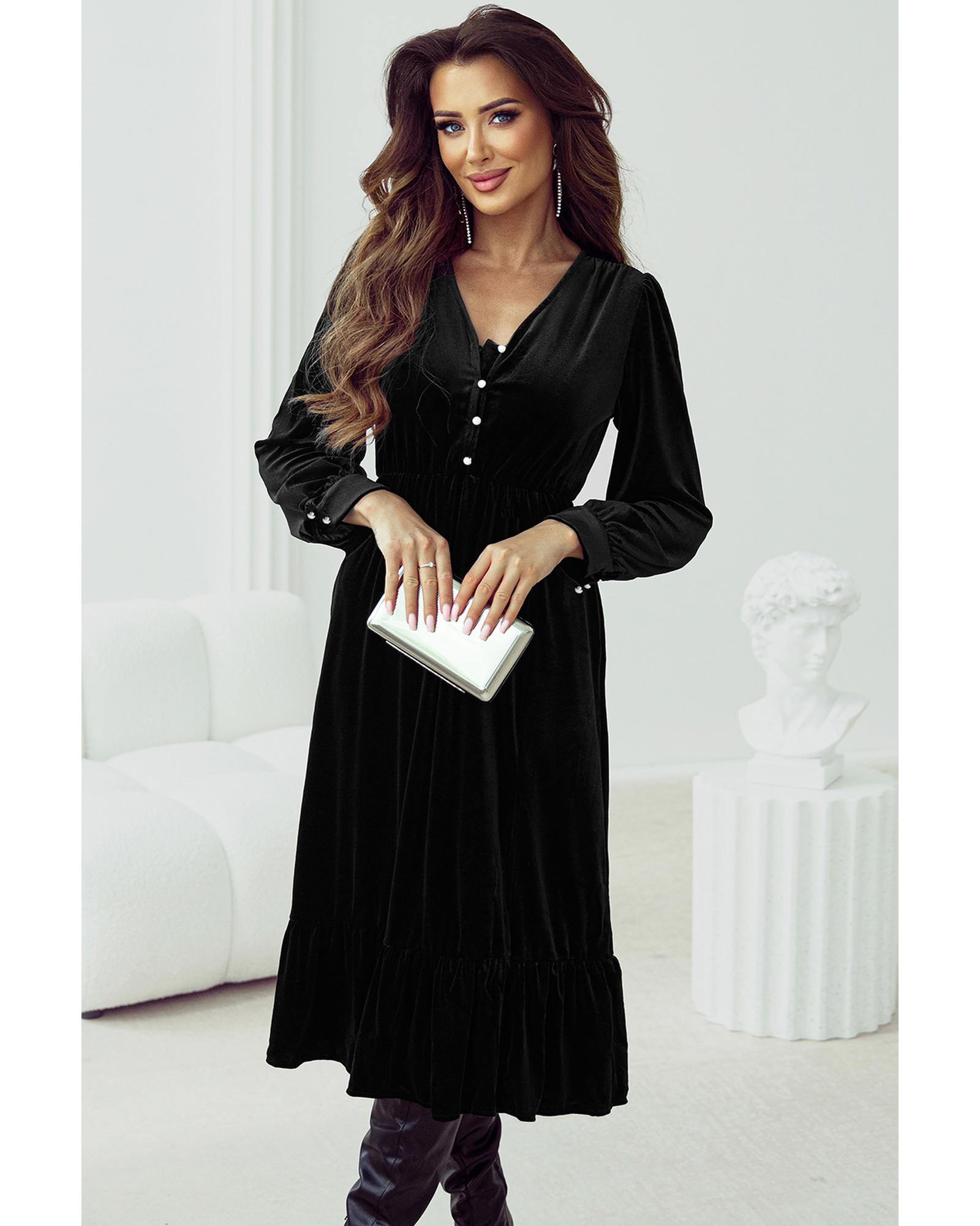 Azura Exchange Black Velvet Buttoned Puff Sleeve V Neck Split Midi Dress Women - Picture 35 of 48