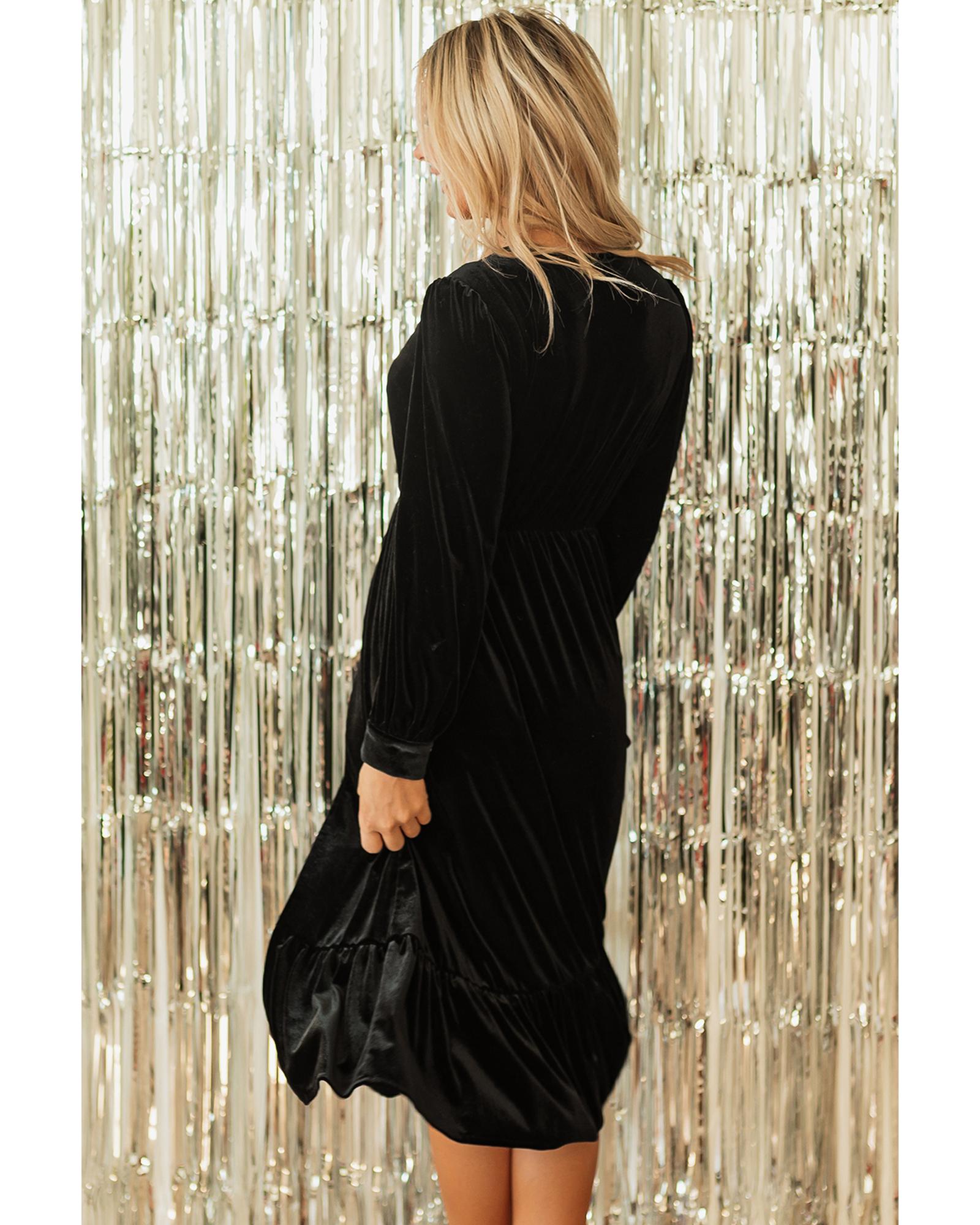 Azura Exchange Black Velvet Buttoned Puff Sleeve V Neck Split Midi Dress Women - Picture 26 of 48