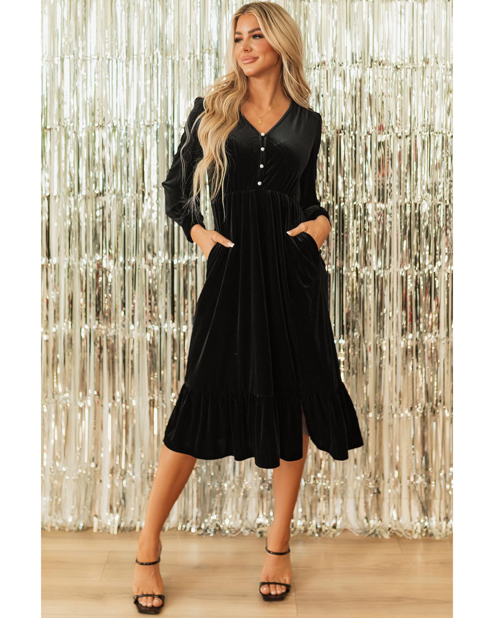 Azura Exchange Black Velvet Buttoned Puff Sleeve V Neck Split Midi Dress Women - Picture 27 of 48