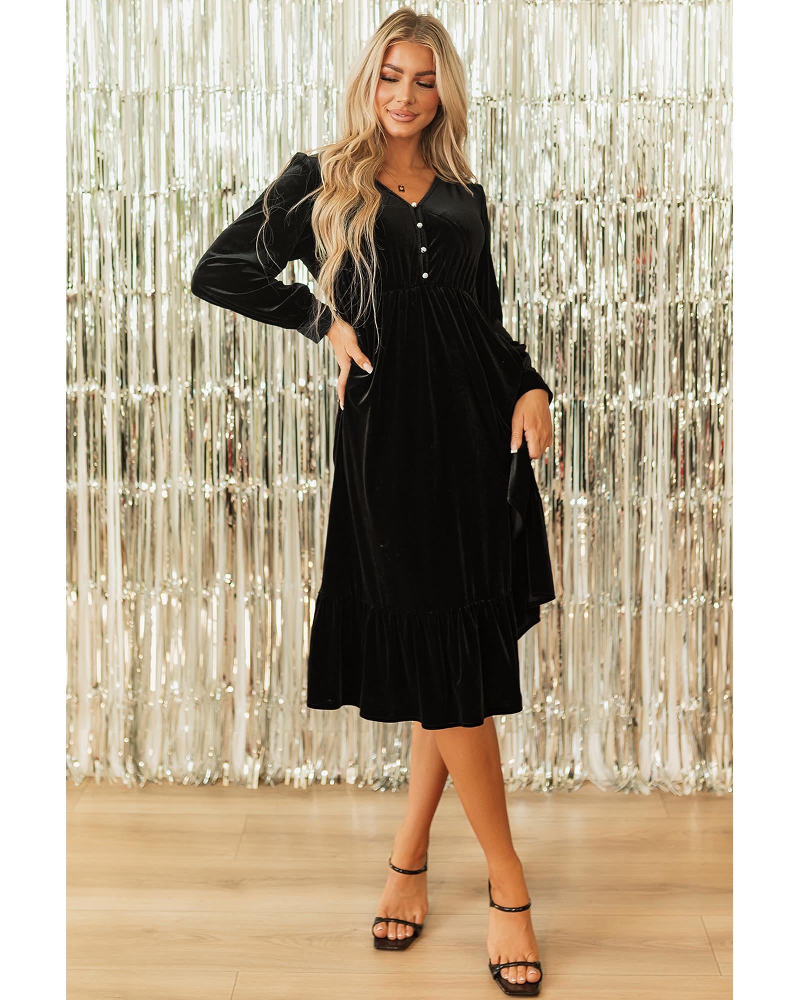 Azura Exchange Black Velvet Buttoned Puff Sleeve V Neck Split Midi Dress Women - Picture 28 of 48