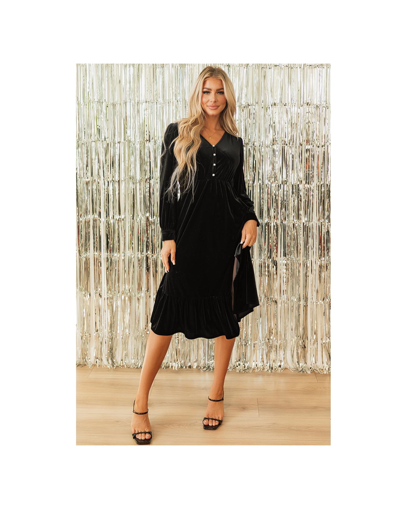 Azura Exchange Black Velvet Buttoned Puff Sleeve V Neck Split Midi Dress Women - Picture 13 of 48