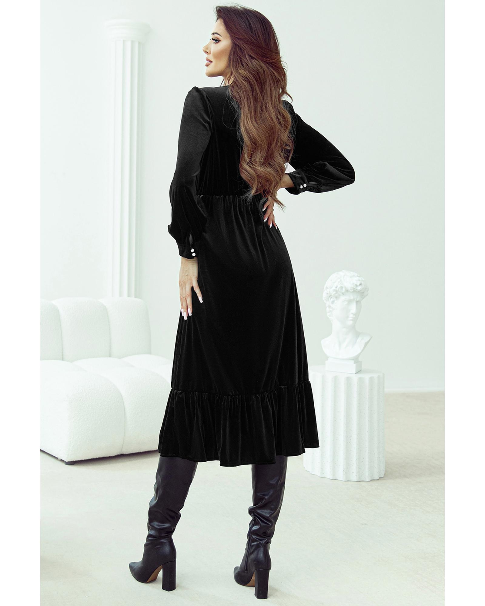 Azura Exchange Black Velvet Buttoned Puff Sleeve V Neck Split Midi Dress Women - Picture 18 of 48