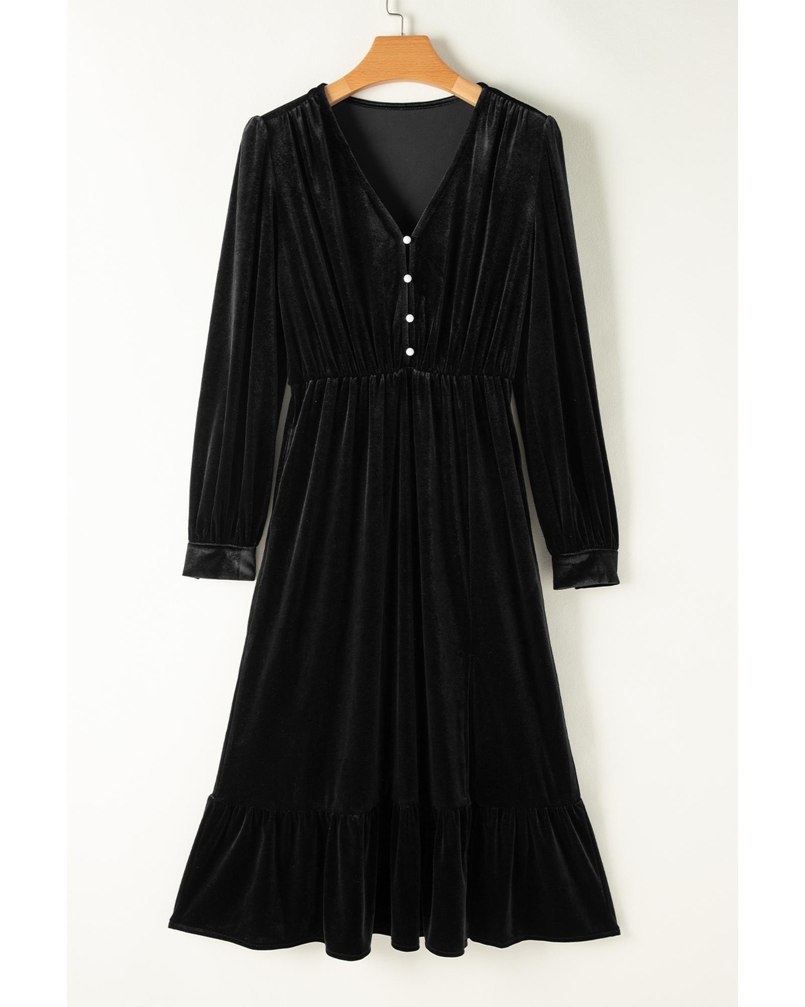 Azura Exchange Black Velvet Buttoned Puff Sleeve V Neck Split Midi Dress Women - Picture 20 of 48