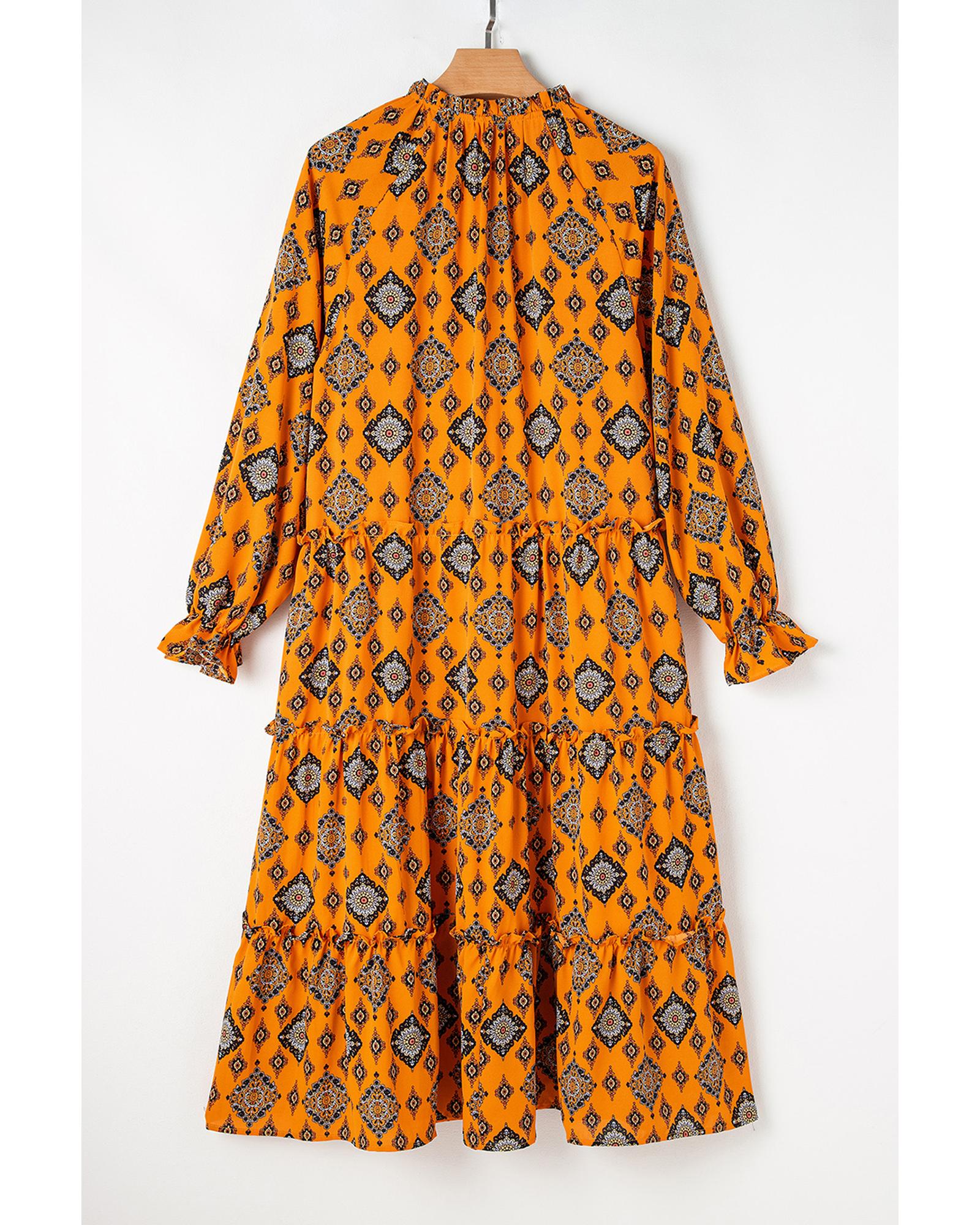 Azura Exchange Orange Western Geometric Print Tiered Frilled Loose Fit Midi - Picture 44 of 48