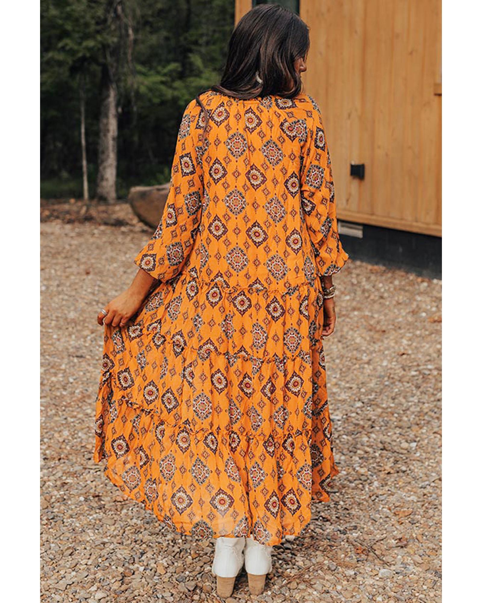 Azura Exchange Orange Western Geometric Print Tiered Frilled Loose Fit Midi - Picture 35 of 48