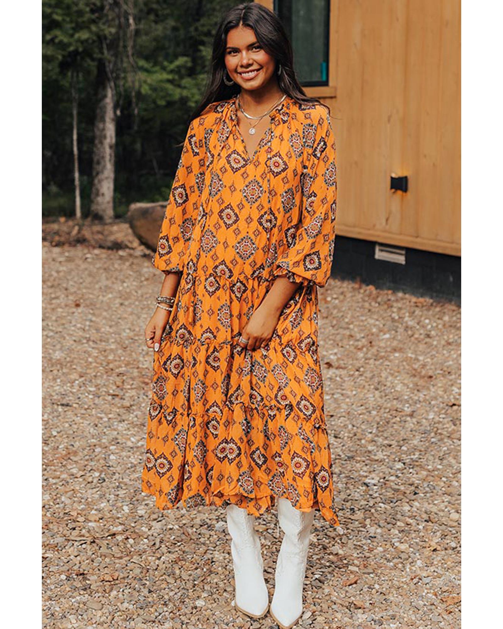 Azura Exchange Orange Western Geometric Print Tiered Frilled Loose Fit Midi - Picture 26 of 48