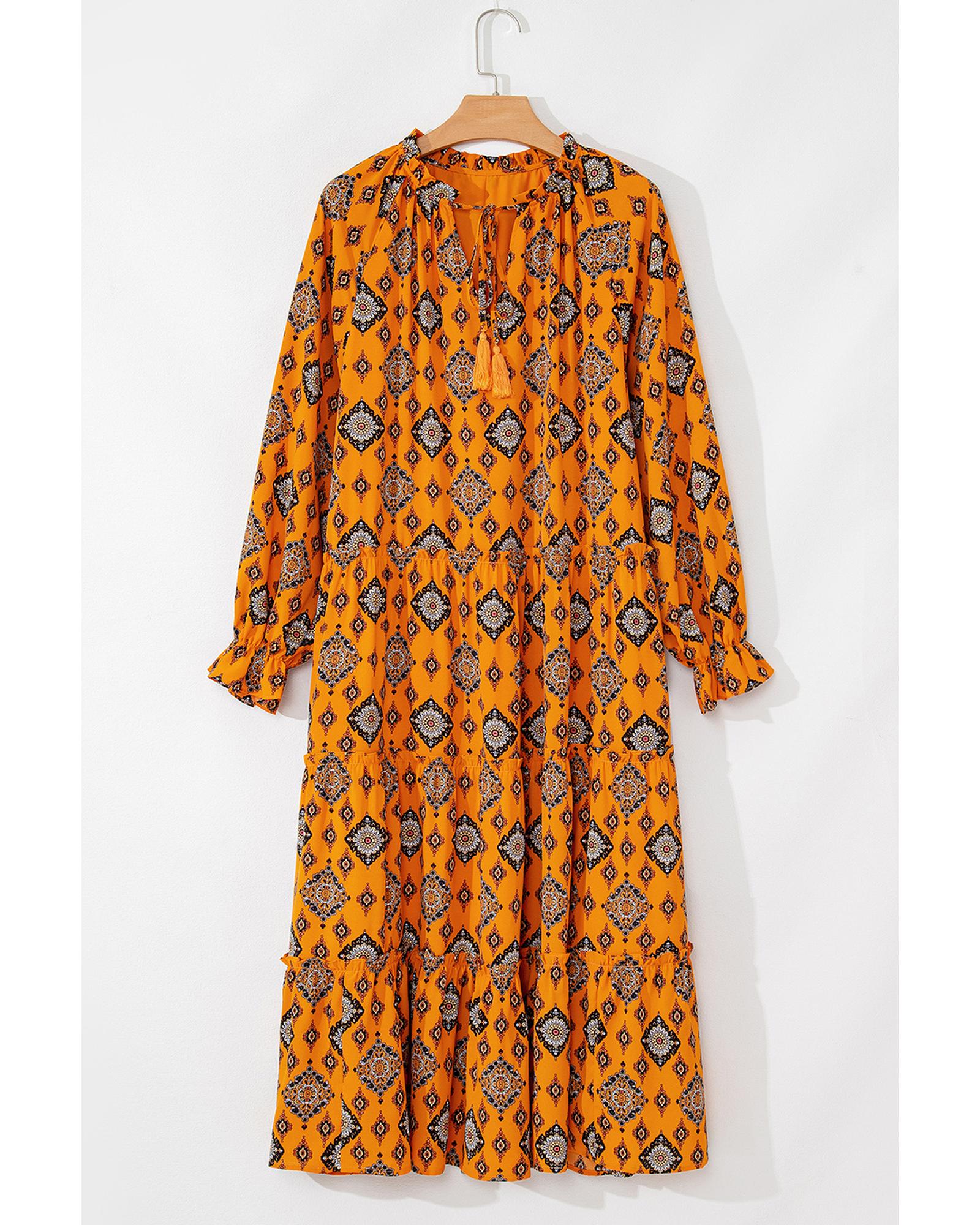 Azura Exchange Orange Western Geometric Print Tiered Frilled Loose Fit Midi - Picture 30 of 48