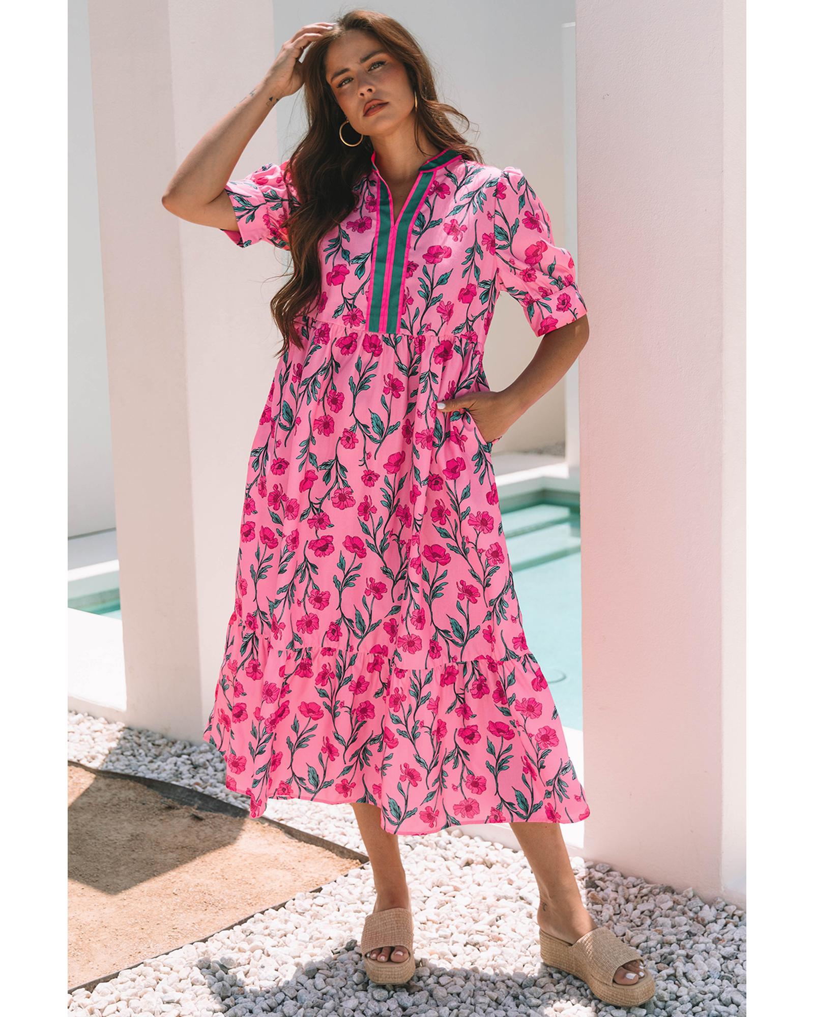 Azura Exchange Pink Floral Contrast Neckline A-line Puff Sleeve Long Dress Women - Picture 13 of 24